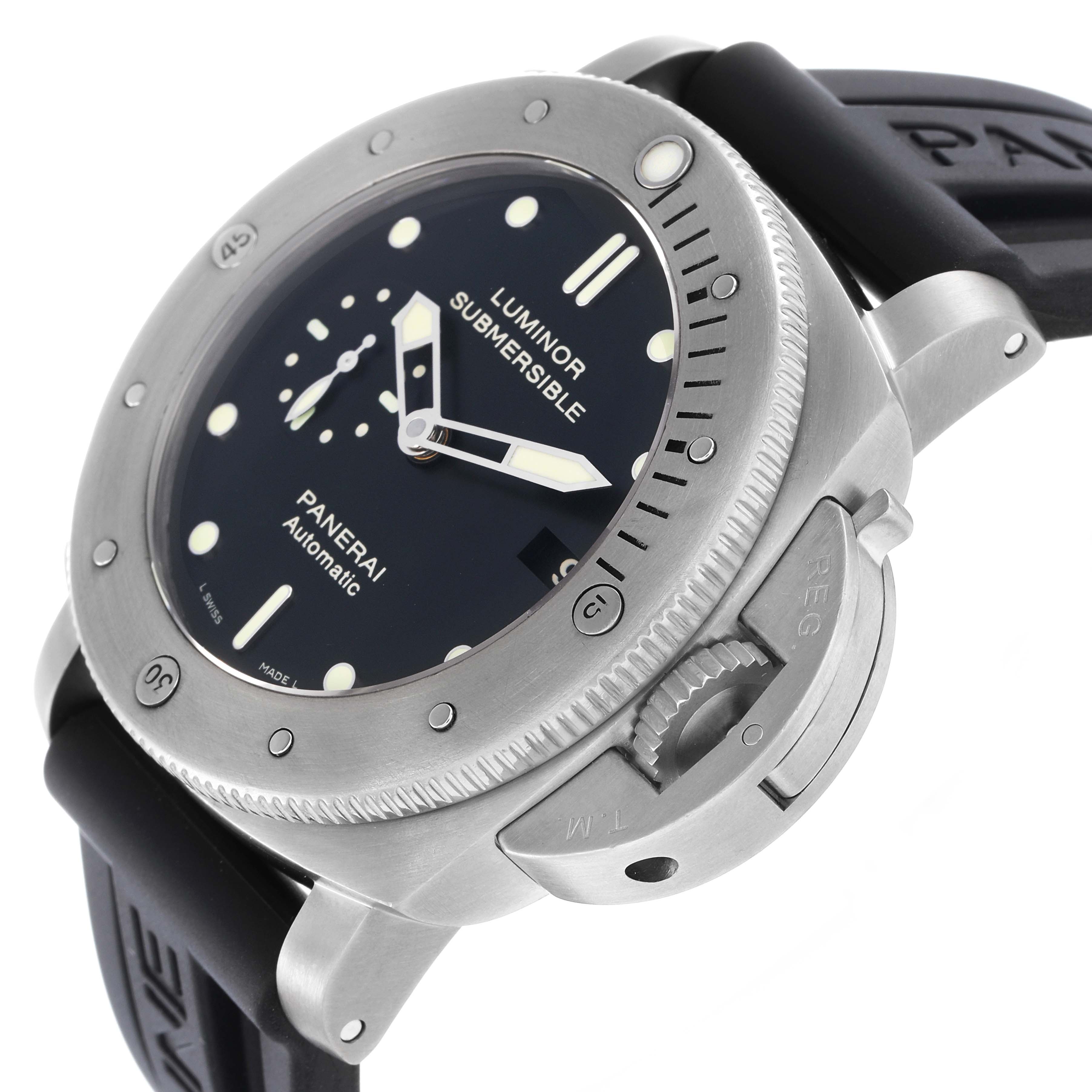 The Panerai Submersible OP6734 Men
s Titanium Black Dial watch is shown at a slight angle, focusing on the bezel, crown guard, dial, and strap attachment.
