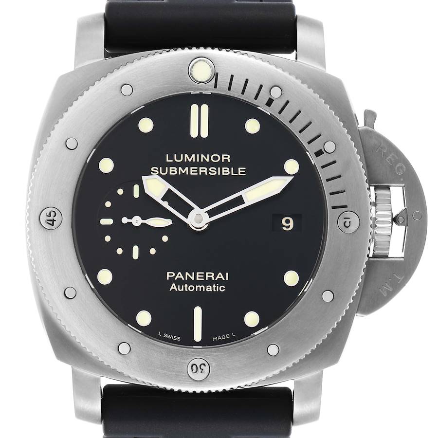 The image shows a front view of the Panerai Luminor Submersible watch, model OP6734, highlighting its bezel, dial, and distinctive crown guard.