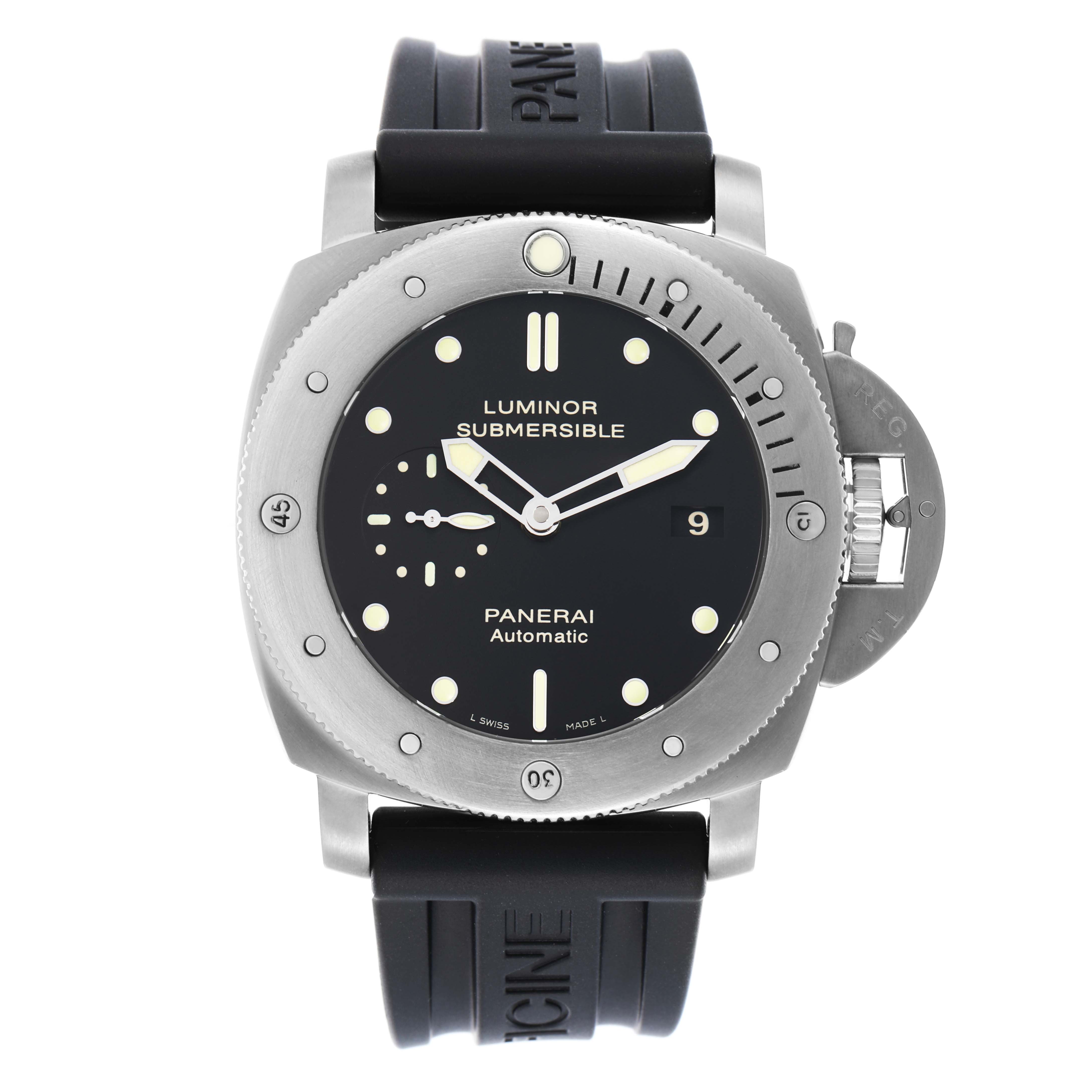 The Panerai Submersible OP6734 Men
s Titanium Black Dial watch is shown from a front angle, displaying the dial, bezel, and strap.
