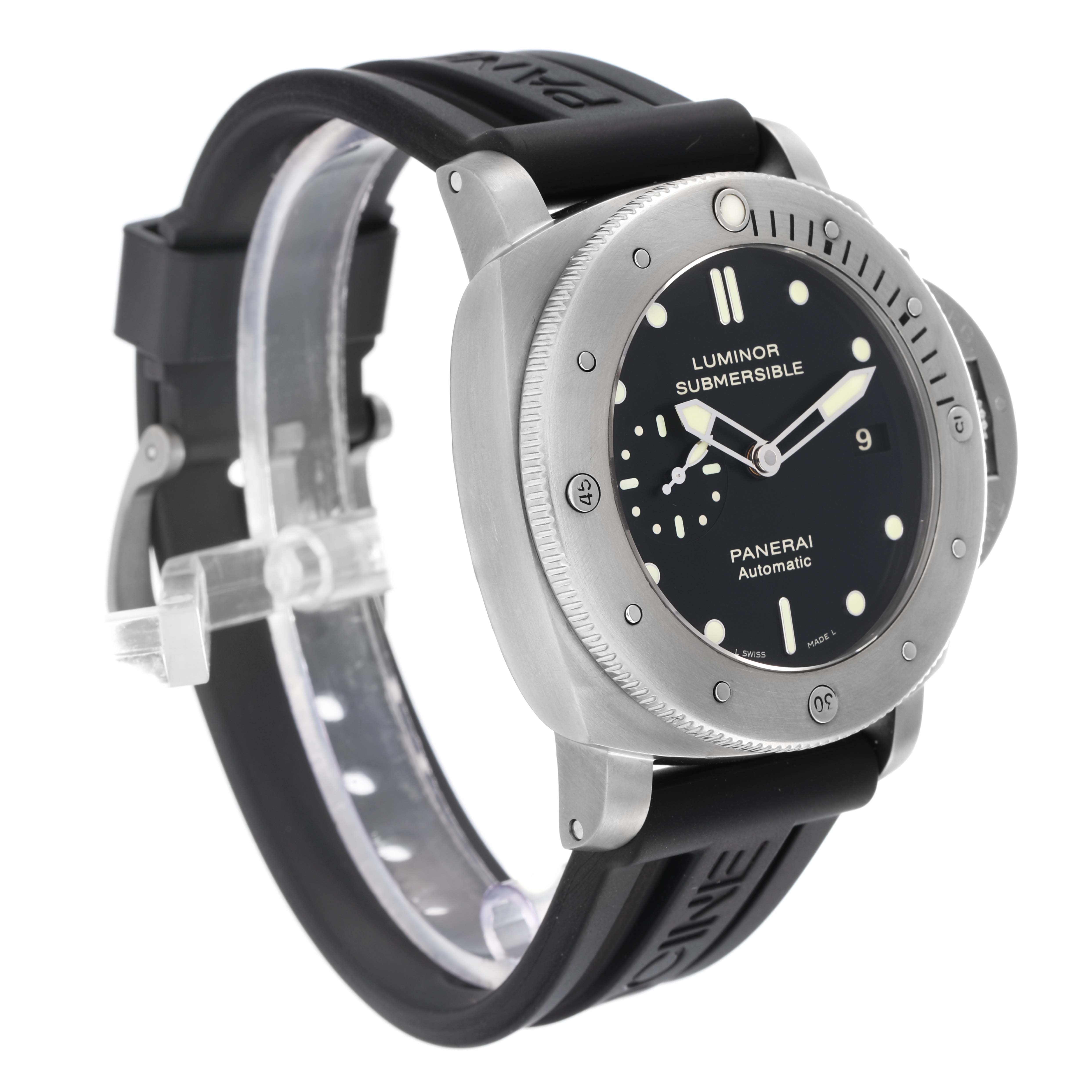 The Panerai Submersible OP6734 Men
s Titanium Black Dial watch is shown from a front angled view, highlighting the bezel, dial, and strap.