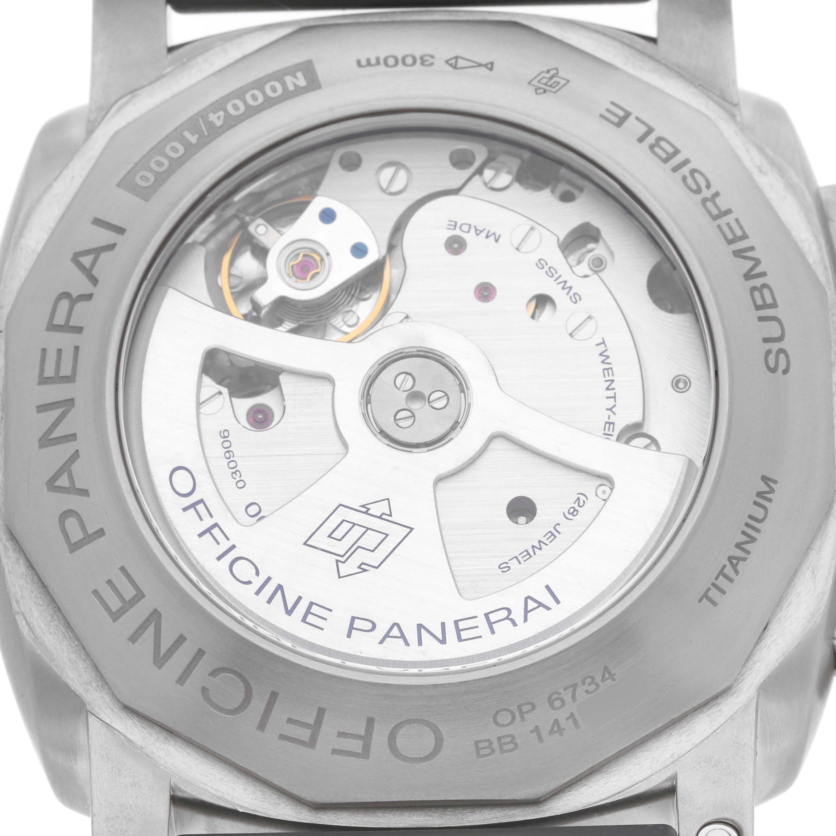 The image shows the back of a Panerai Submersible OP6734 Men
s Titanium Black Dial watch, highlighting its transparent case back and internal mechanics.