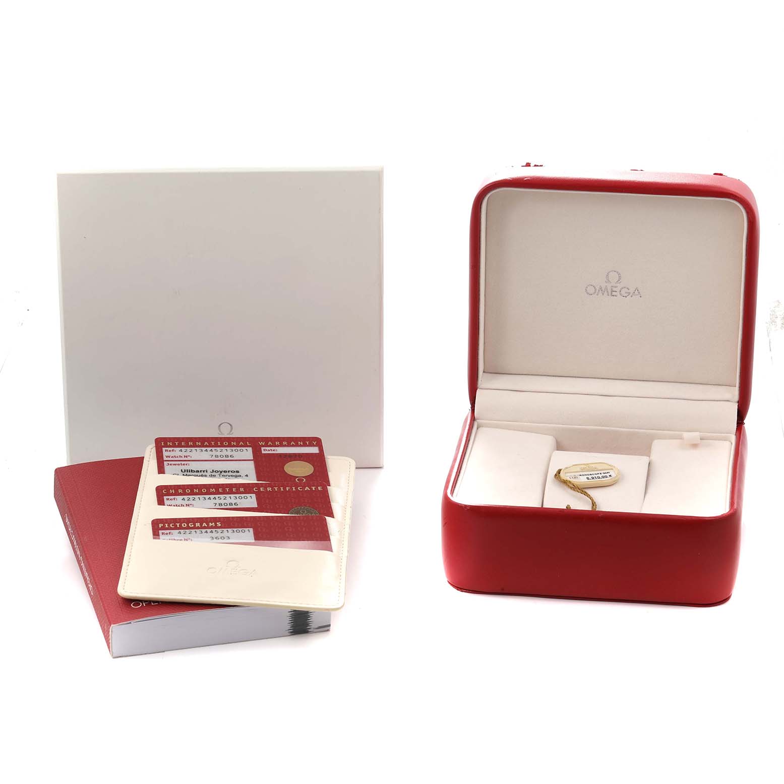 The image shows the Omega De Ville 422.13.44.52.13.001 Men's Stainless Steel Brown Dial watch packaging, including the open red box, warranty cards, and certificates.