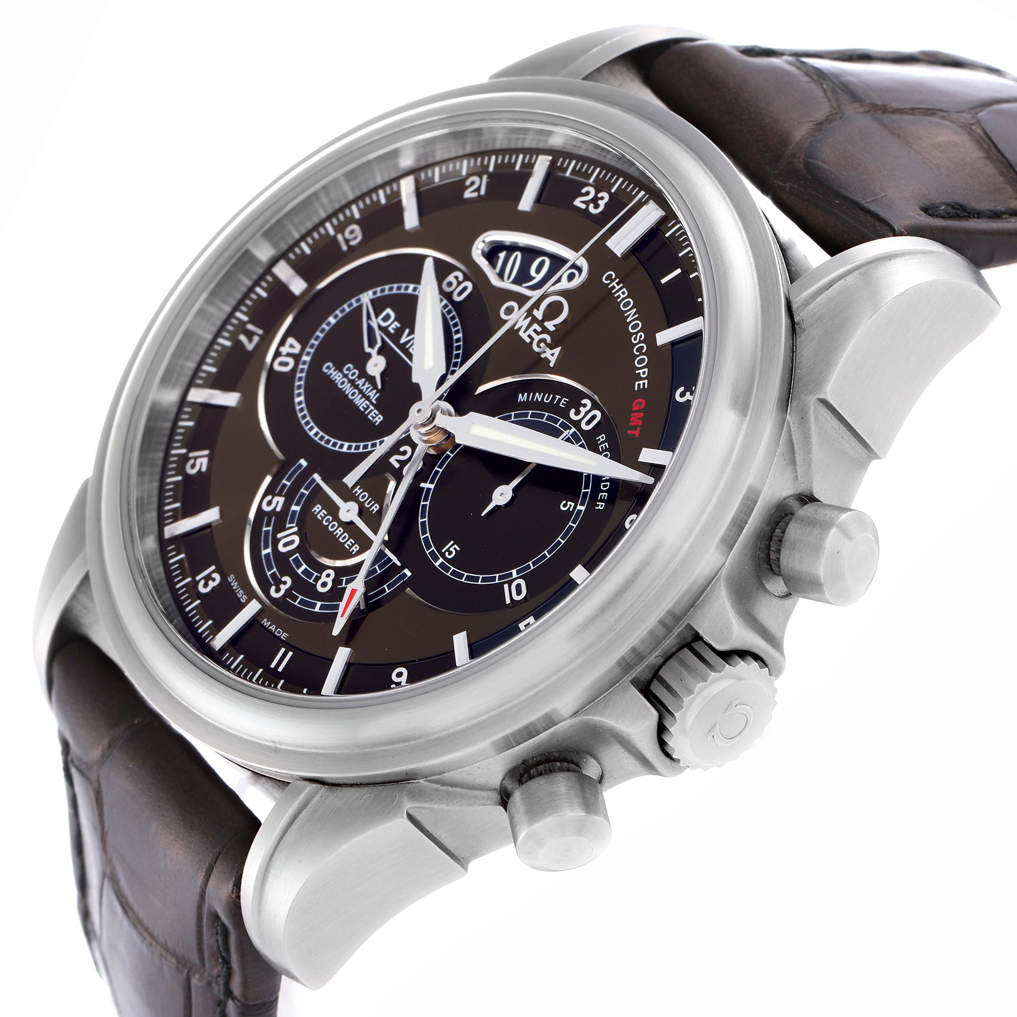 The Omega De Ville 422.13.44.52.13.001 Men's Stainless Steel Brown Dial watch is shown at a three-quarter angle highlighting the dial, pushers, and crown with a brown leather strap.