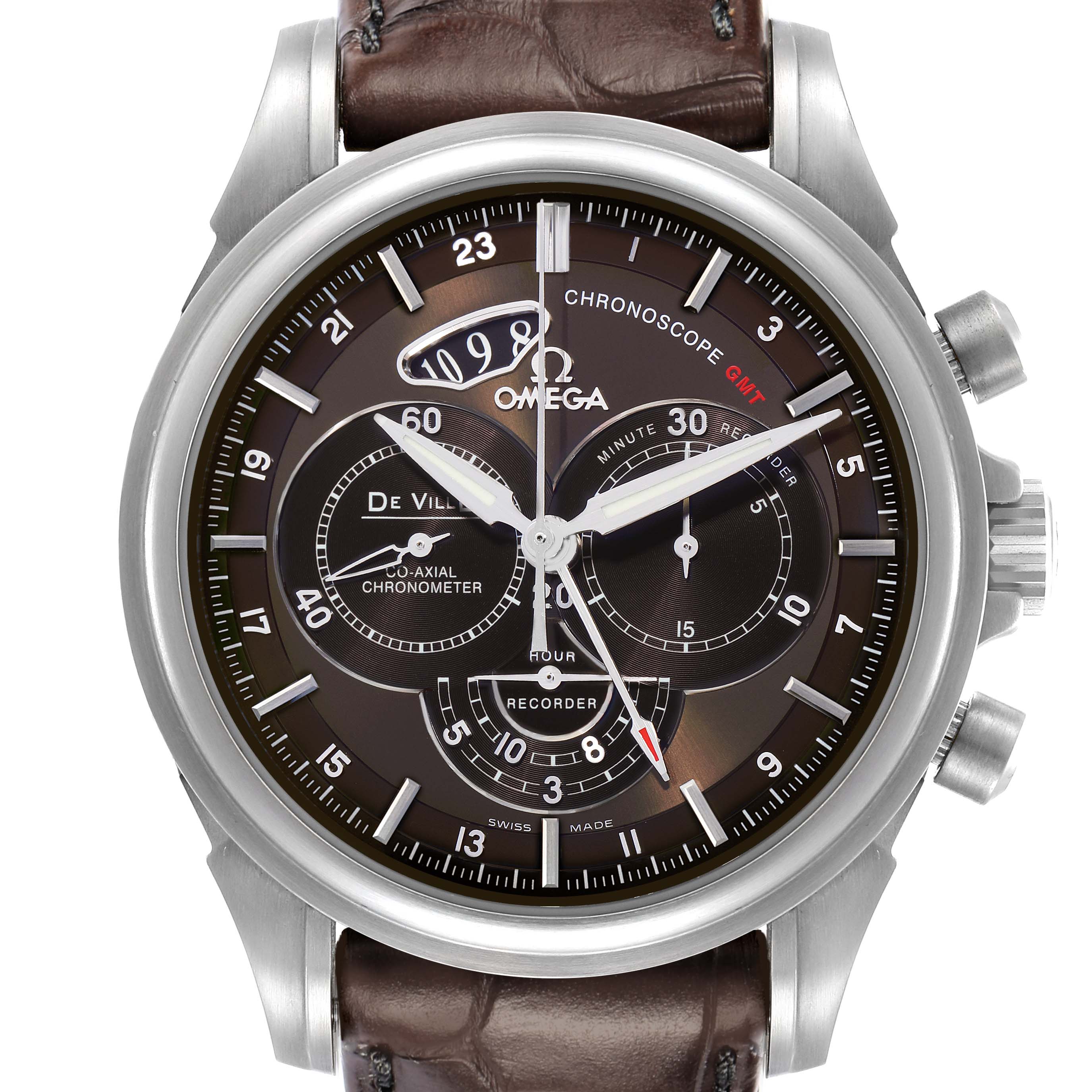 The image shows an Omega De Ville 422.13.44.52.13.001 Men's Stainless Steel Brown Dial watch from a front view, highlighting its dial, sub-dials, strap, and crown.