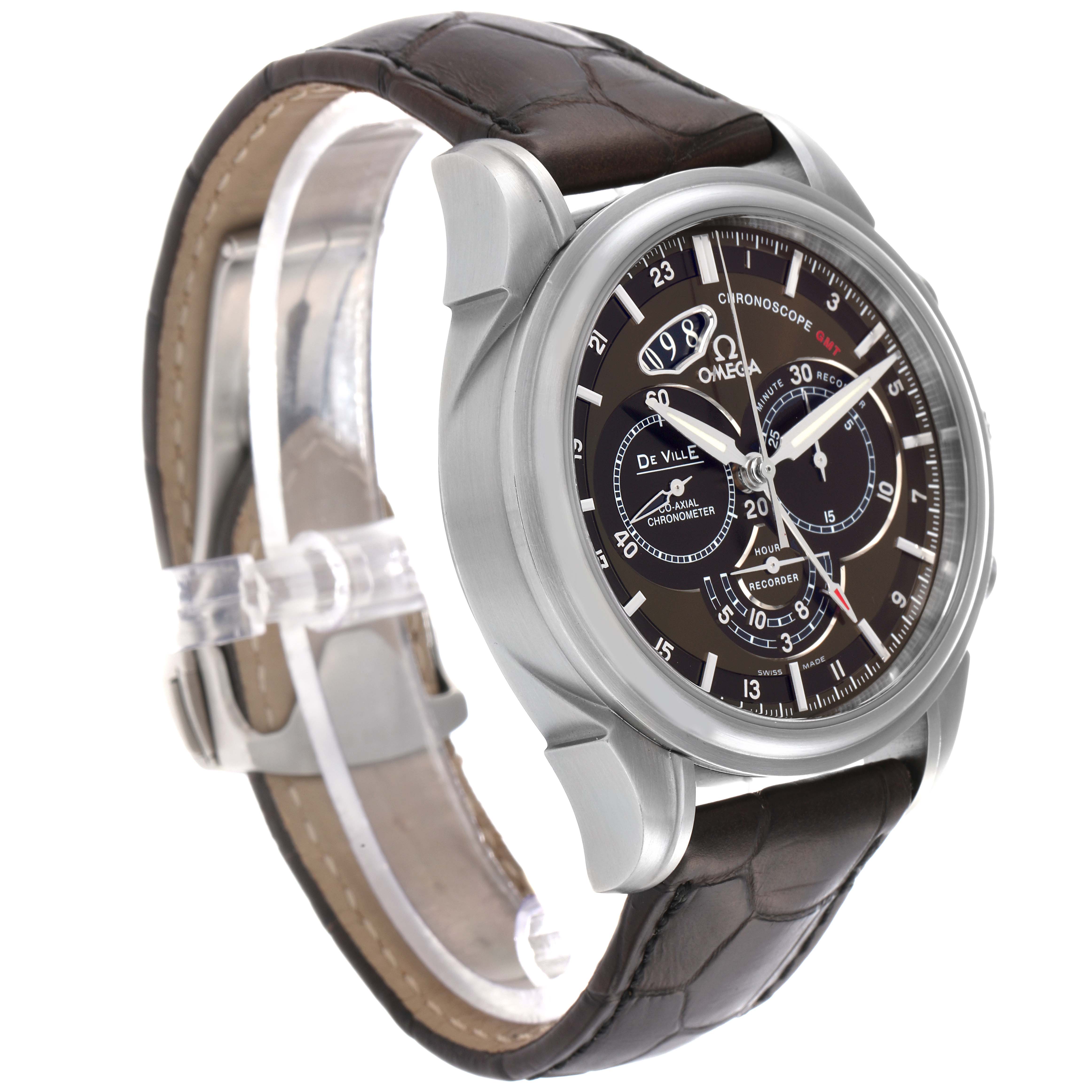 The Omega De Ville 422.13.44.52.13.001 Men's Stainless Steel Brown Dial watch is shown at a three-quarter angle, highlighting the dial, bezel, and leather strap.