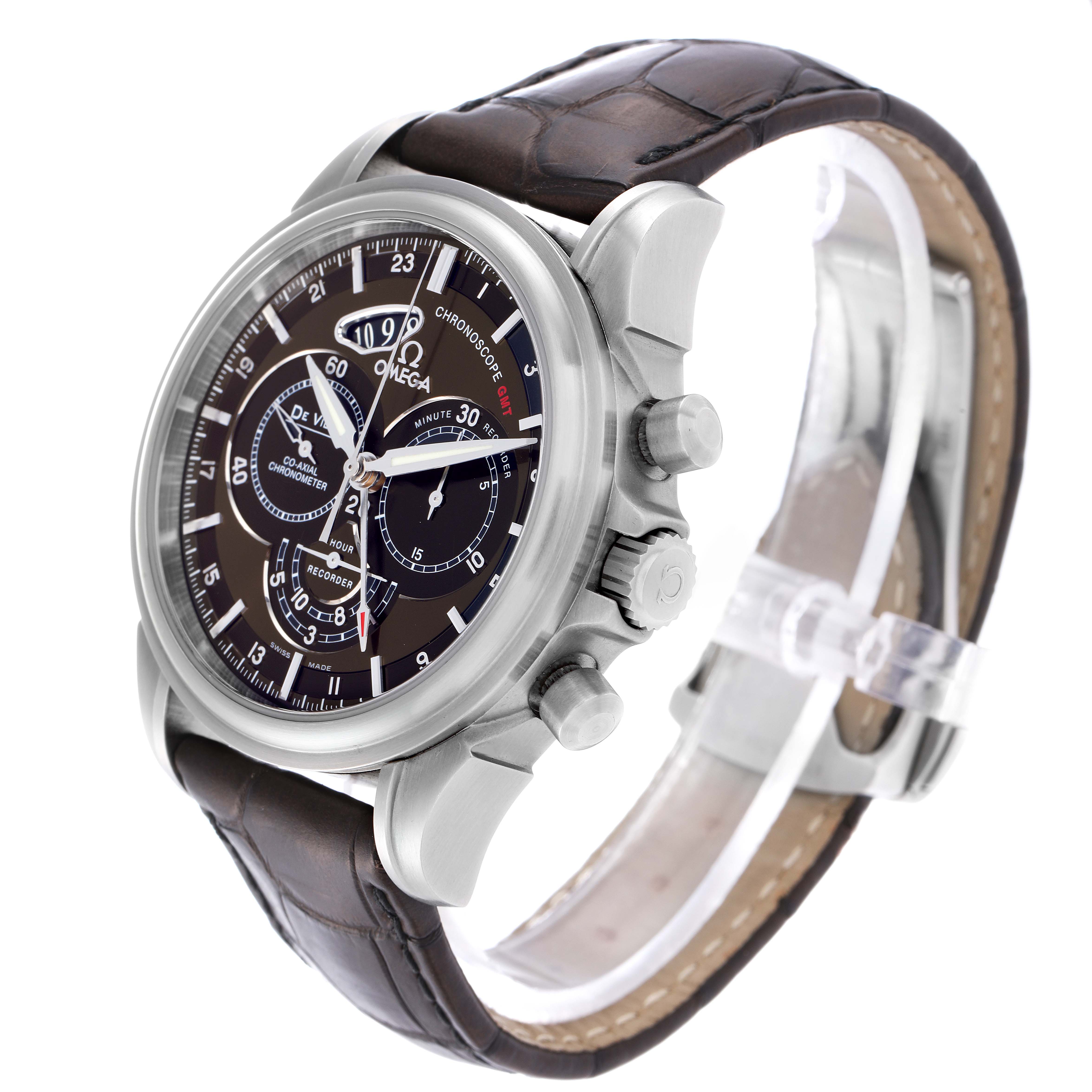 The Omega De Ville 422.13.44.52.13.001 Men's Stainless Steel Brown Dial watch is shown at a 3/4 angle displaying the face, side buttons, and brown leather strap.