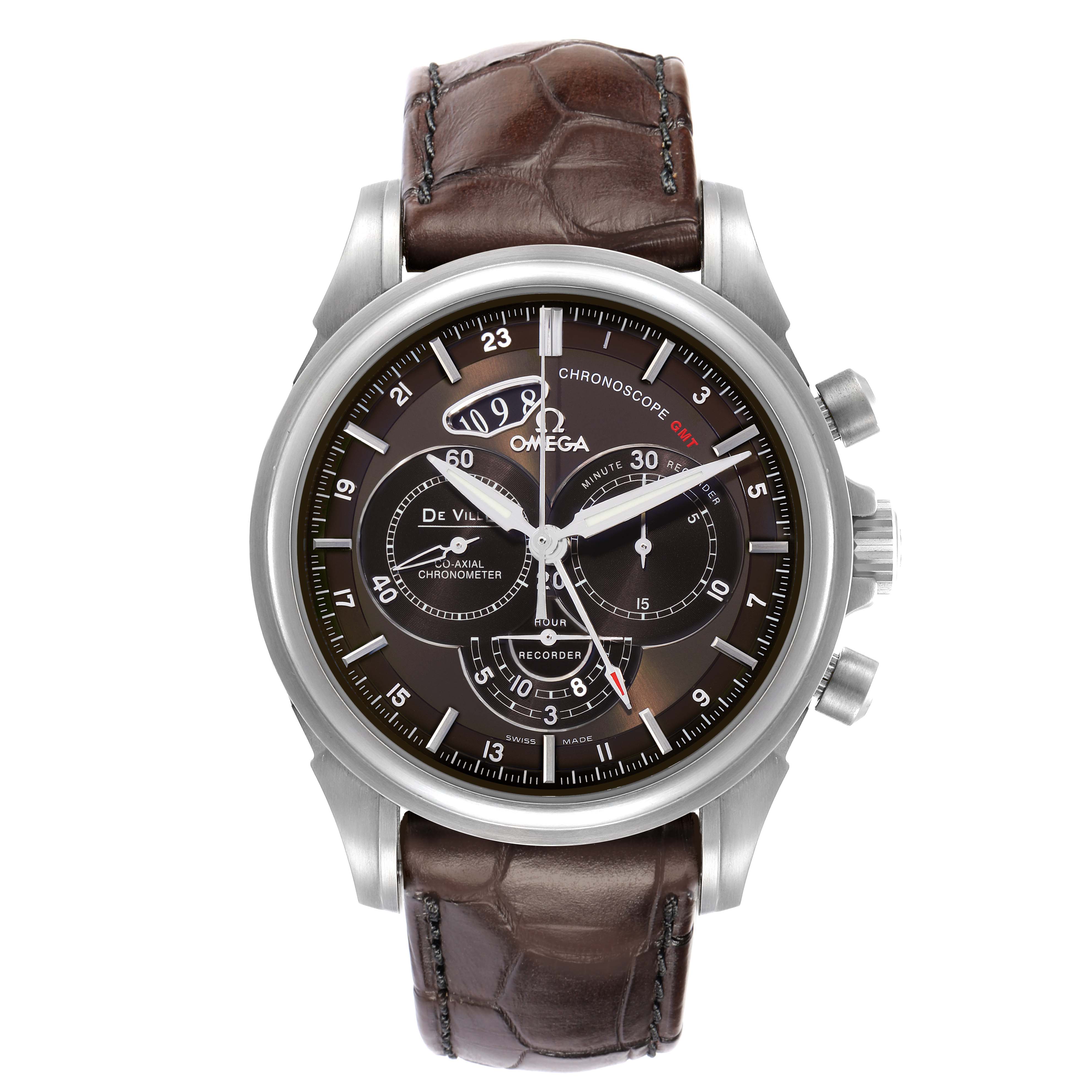 The Omega De Ville 422.13.44.52.13.001 Men's Stainless Steel Brown Dial watch is shown from the front, displaying the dial, crown, pushers, and leather strap.