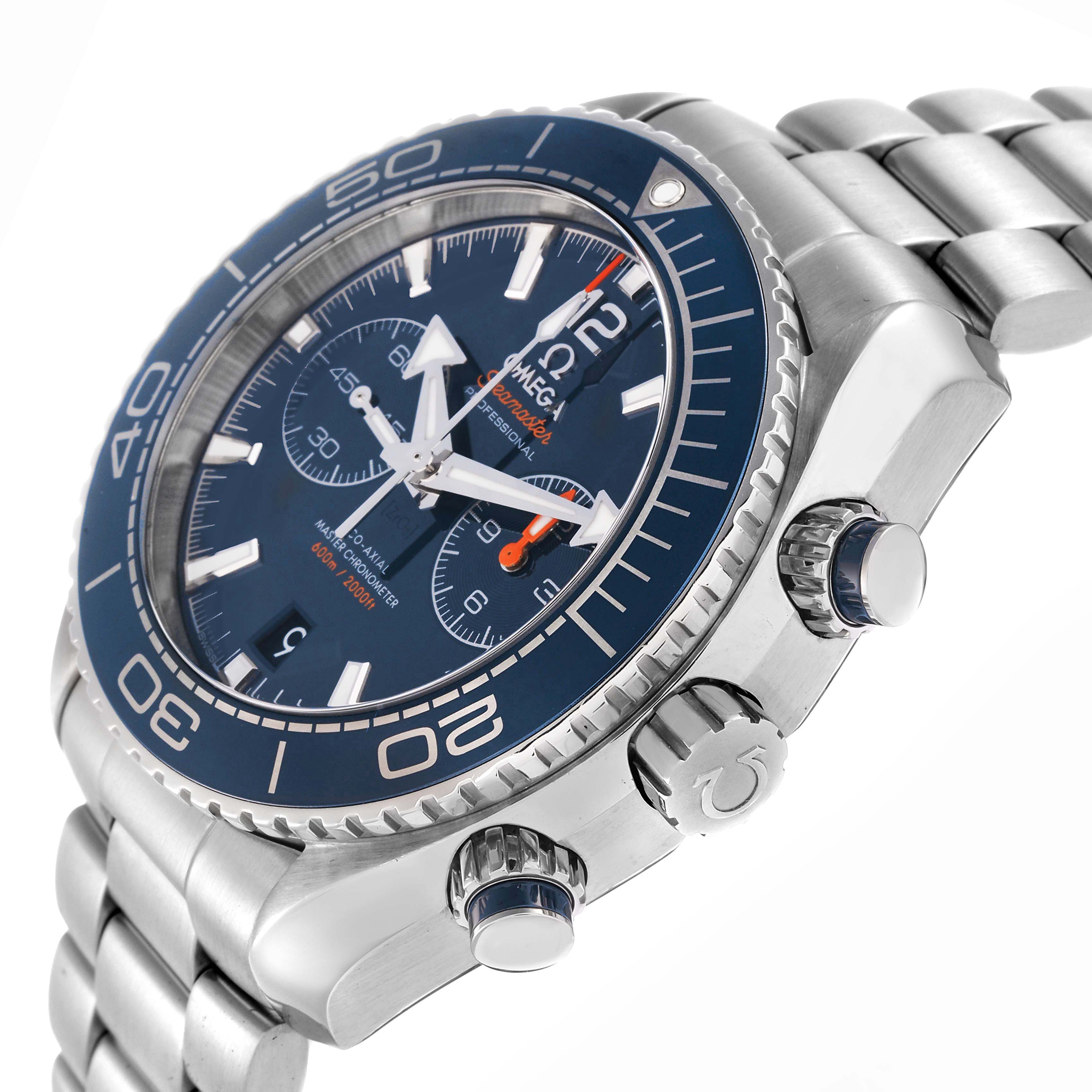 The Omega Planet Ocean 215.30.46.51.03.001 Men
s Stainless Steel Blue Dial watch is shown at an angled side view, highlighting its bezel, crown, and stainless steel bracelet.