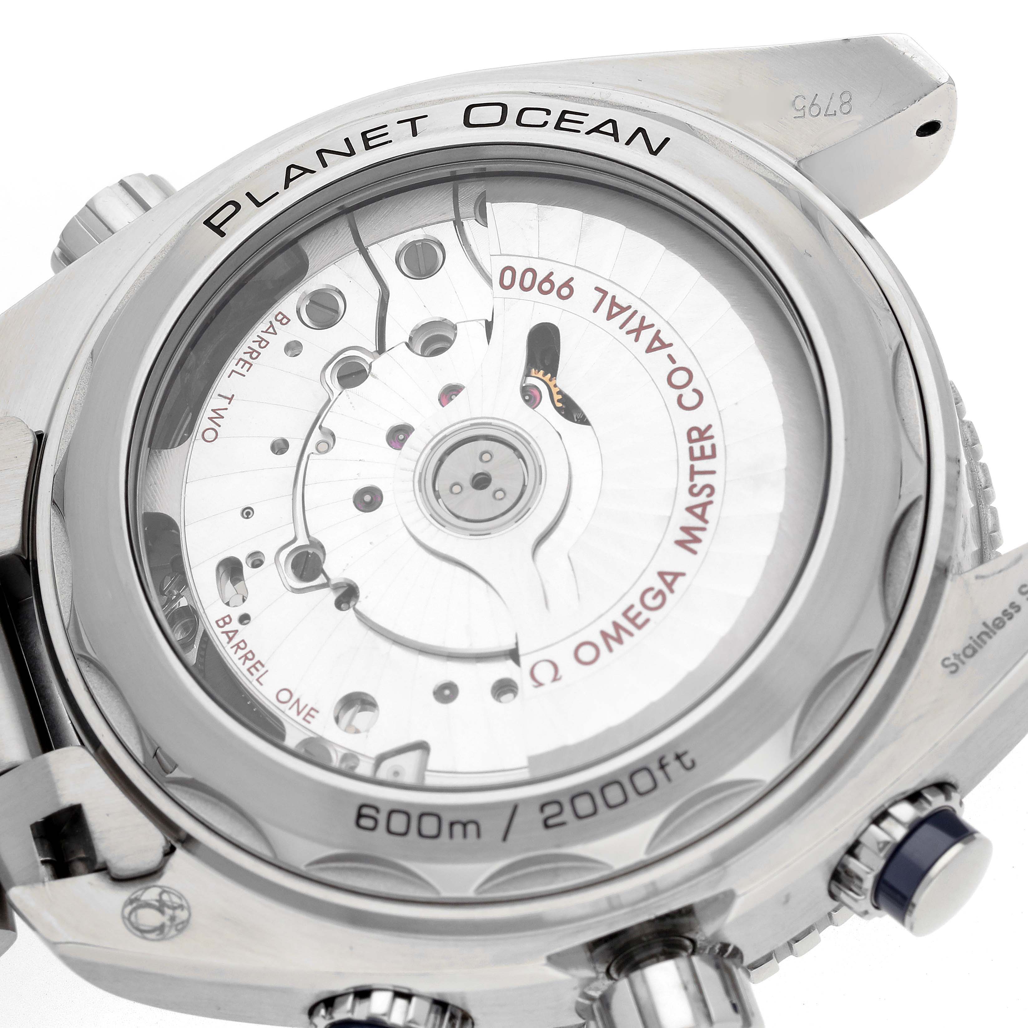 The Omega Planet Ocean 215.30.46.51.03.001 Men
s Stainless Steel Blue Dial watch is shown from the back, revealing the movement and inscriptions on the case back.