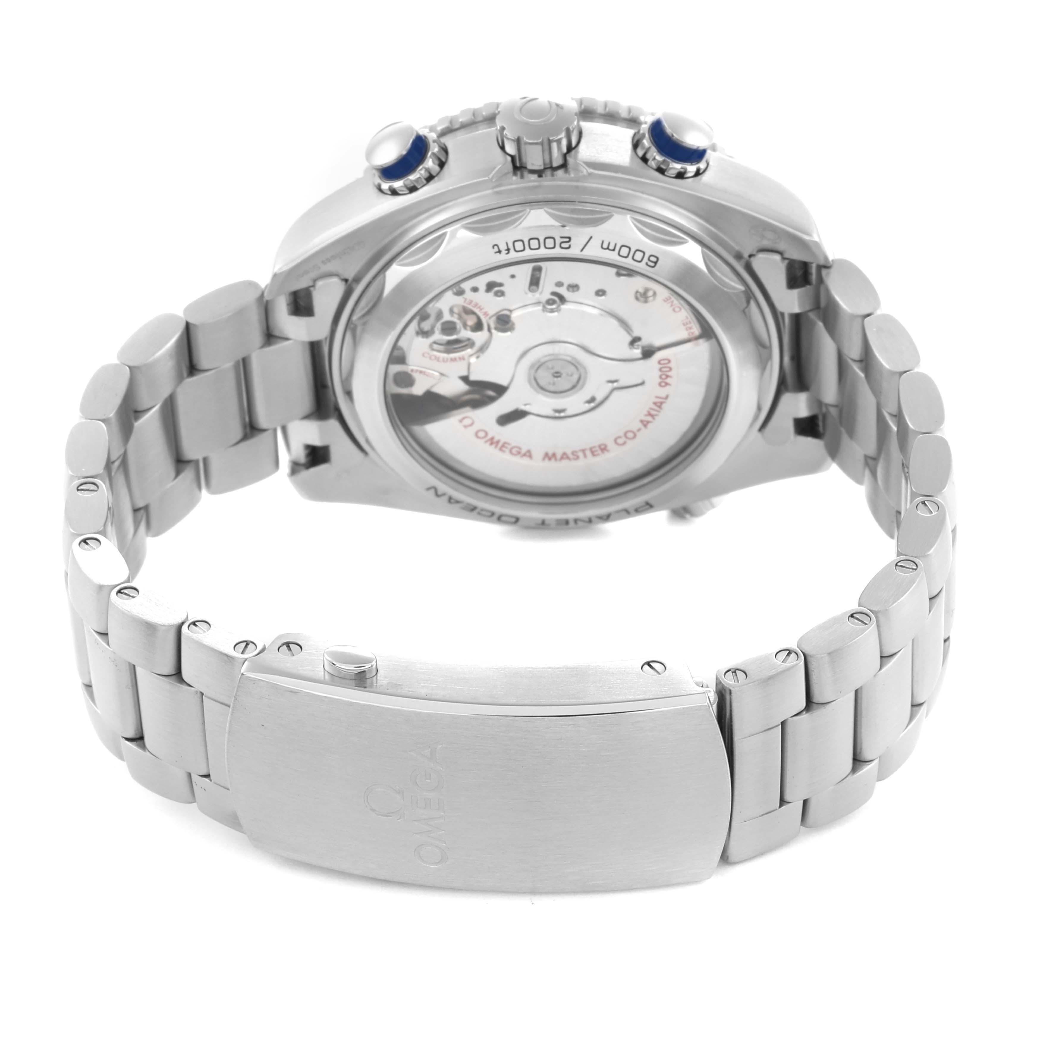 The Omega Planet Ocean 215.30.46.51.03.001 Men
s Stainless Steel Blue Dial watch is shown from a rear angle, highlighting its open case back, crown, and bracelet clasp.