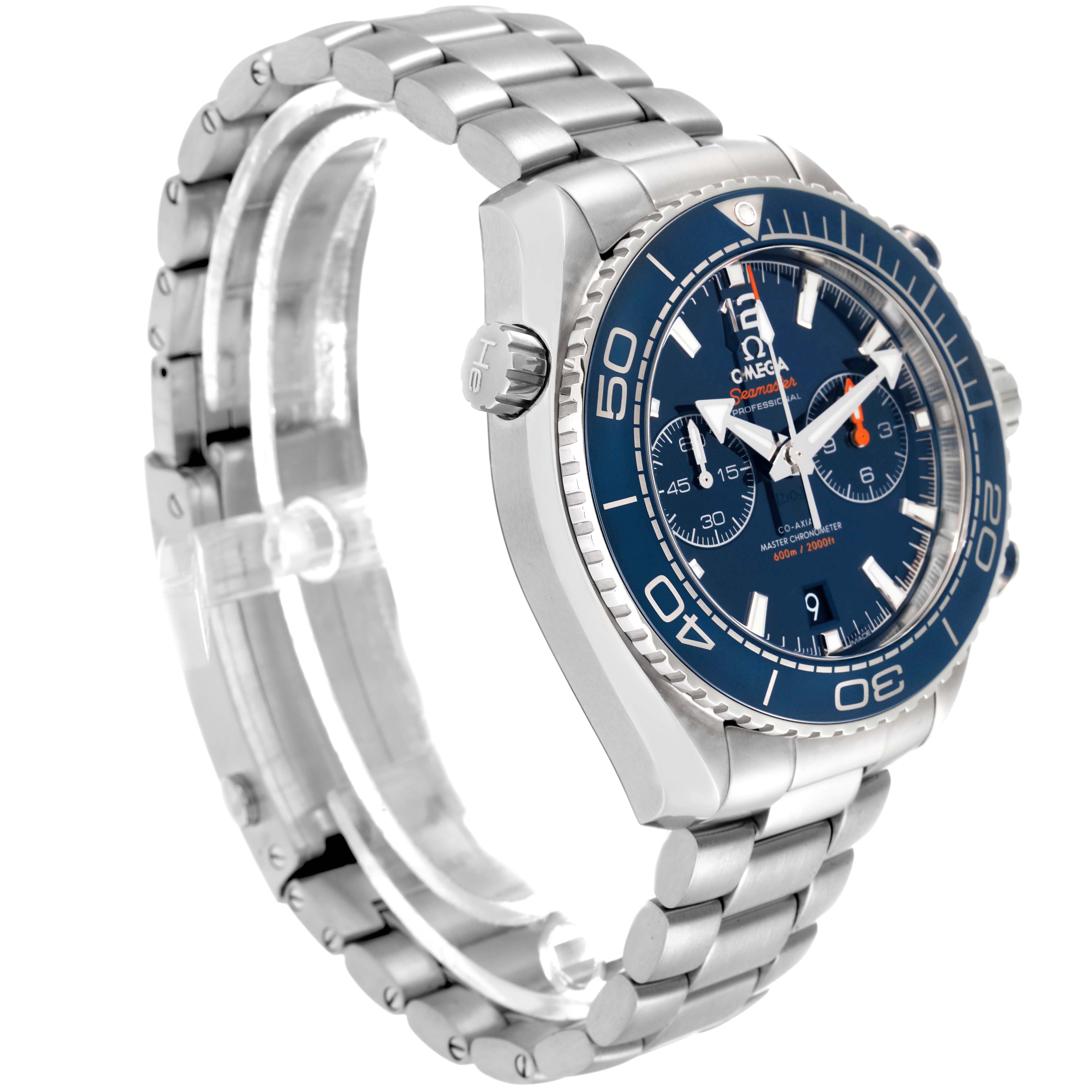 The Omega Planet Ocean 215.30.46.51.03.001 Men
s Stainless Steel Blue Dial watch is shown at a slight angle, highlighting the face, bezel, crown, and bracelet.