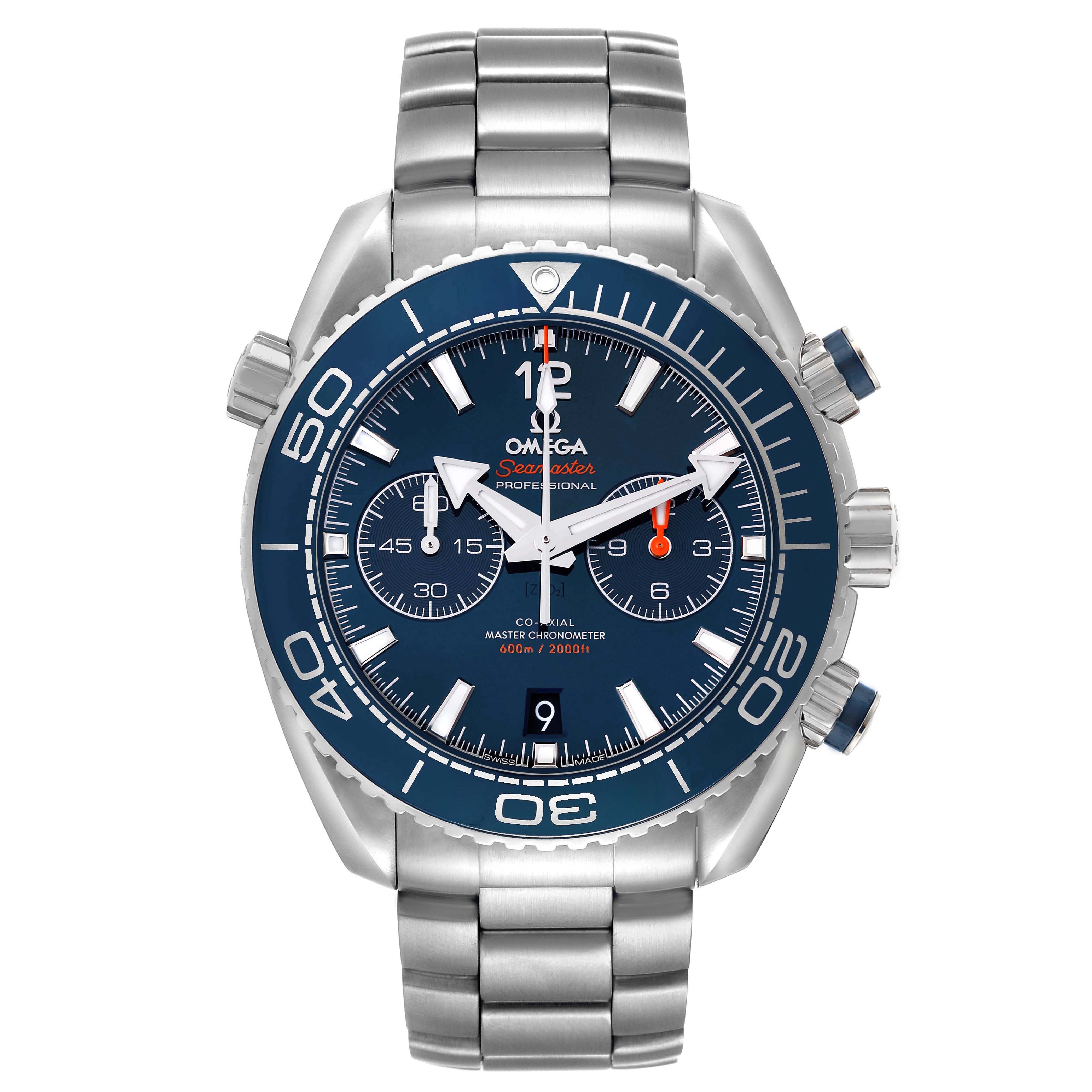 The Omega Planet Ocean 215.30.46.51.03.001 Men
s Stainless Steel Blue Dial watch is shown from the front, displaying the dial, bezel, and metal bracelet.