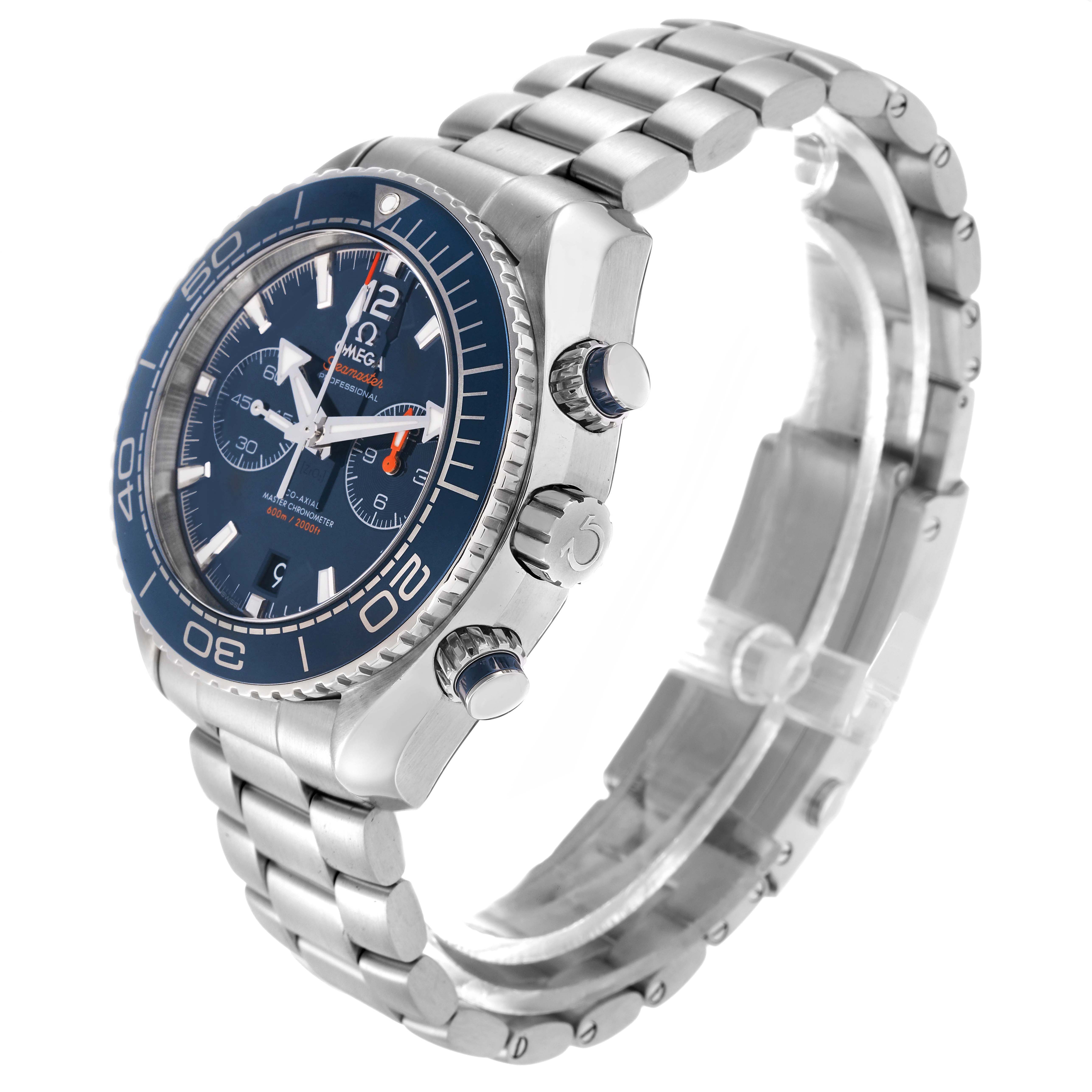 The Omega Planet Ocean 215.30.46.51.03.001 Men
s Stainless Steel Blue Dial watch is shown from a three-quarter angle, highlighting the face, bezel, crown, and bracelet.