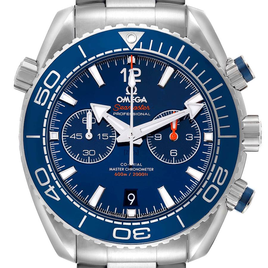 The image shows a frontal view of the Omega Seamaster Planet Ocean model 215.30.46.51.03.001, highlighting the blue dial and bezel, sub-dials, and stainless steel case.
