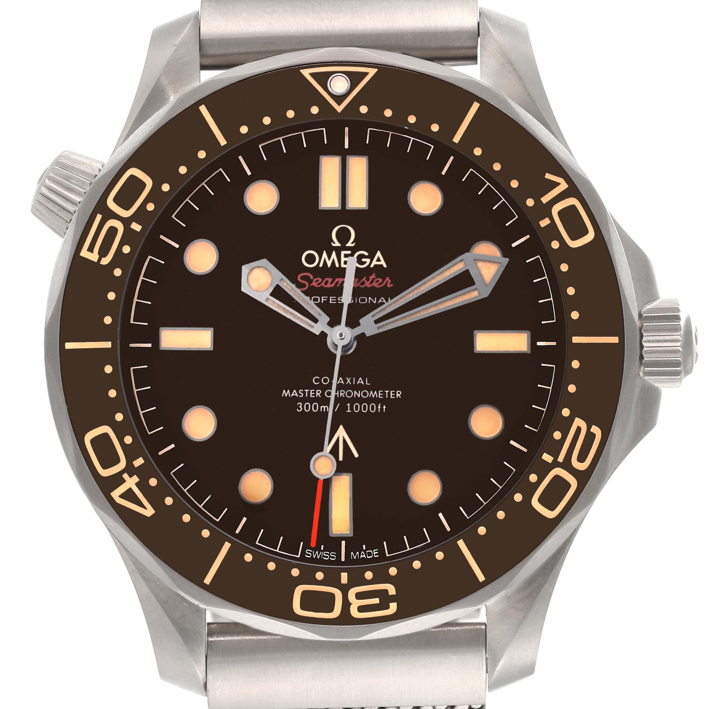 The Omega Seamaster 210.90.42.20.01.001 Men's Titanium Brown Dial 210.90.42.20.01.001 Men's Titanium Brown Dial watch is shown from a front view, displaying the dial, hands, bezel, and part of the case.