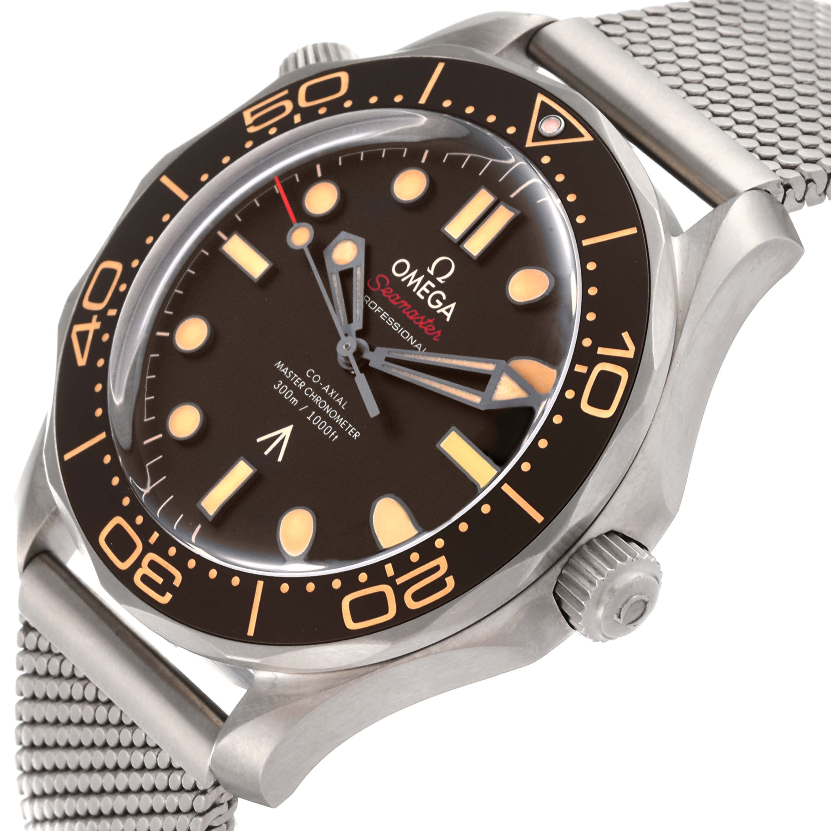 This image shows an angled view of the Omega Seamaster 210.90.42.20.01.001 Men's Titanium Brown Dial 210.90.42.20.01.001 Men's Titanium Brown Dial watch, highlighting the dial, bezel, crown, and mesh bracelet.