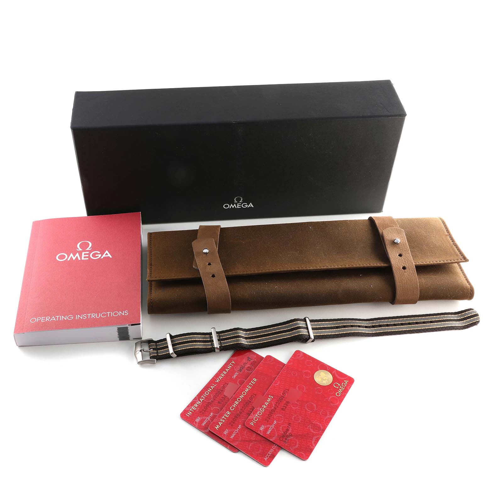 The image shows Omega Seamaster 210.90.42.20.01.001 Men's Titanium Brown Dial 210.90.42.20.01.001 Men's Titanium Brown Dial accessories including a box, instruction manual, watch strap, leather pouch, and warranty cards.