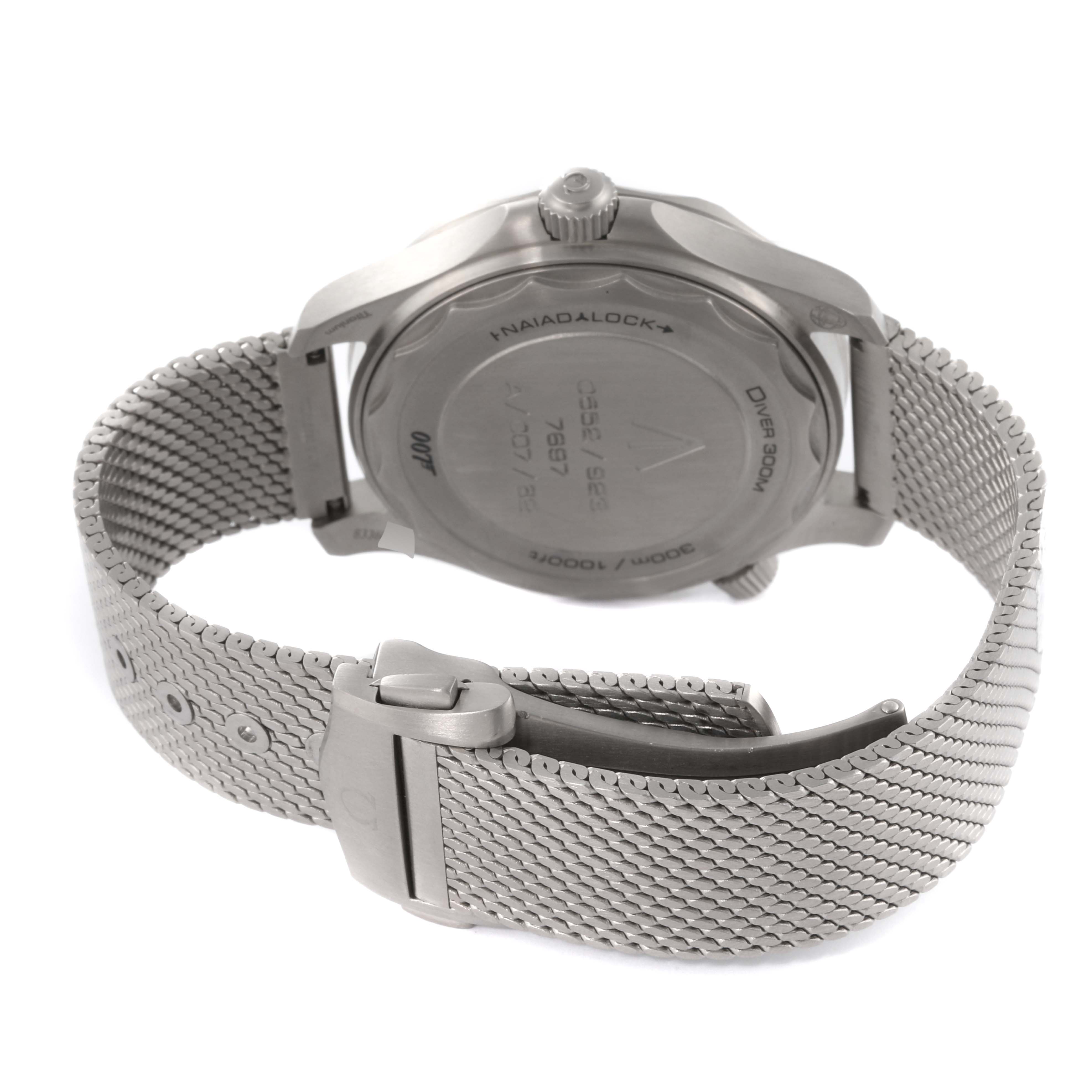 This image shows the back case and stainless steel mesh strap of the Omega Seamaster 210.90.42.20.01.001 Men's Titanium Brown Dial 210.90.42.20.01.001 Men's Titanium Brown Dial watch.