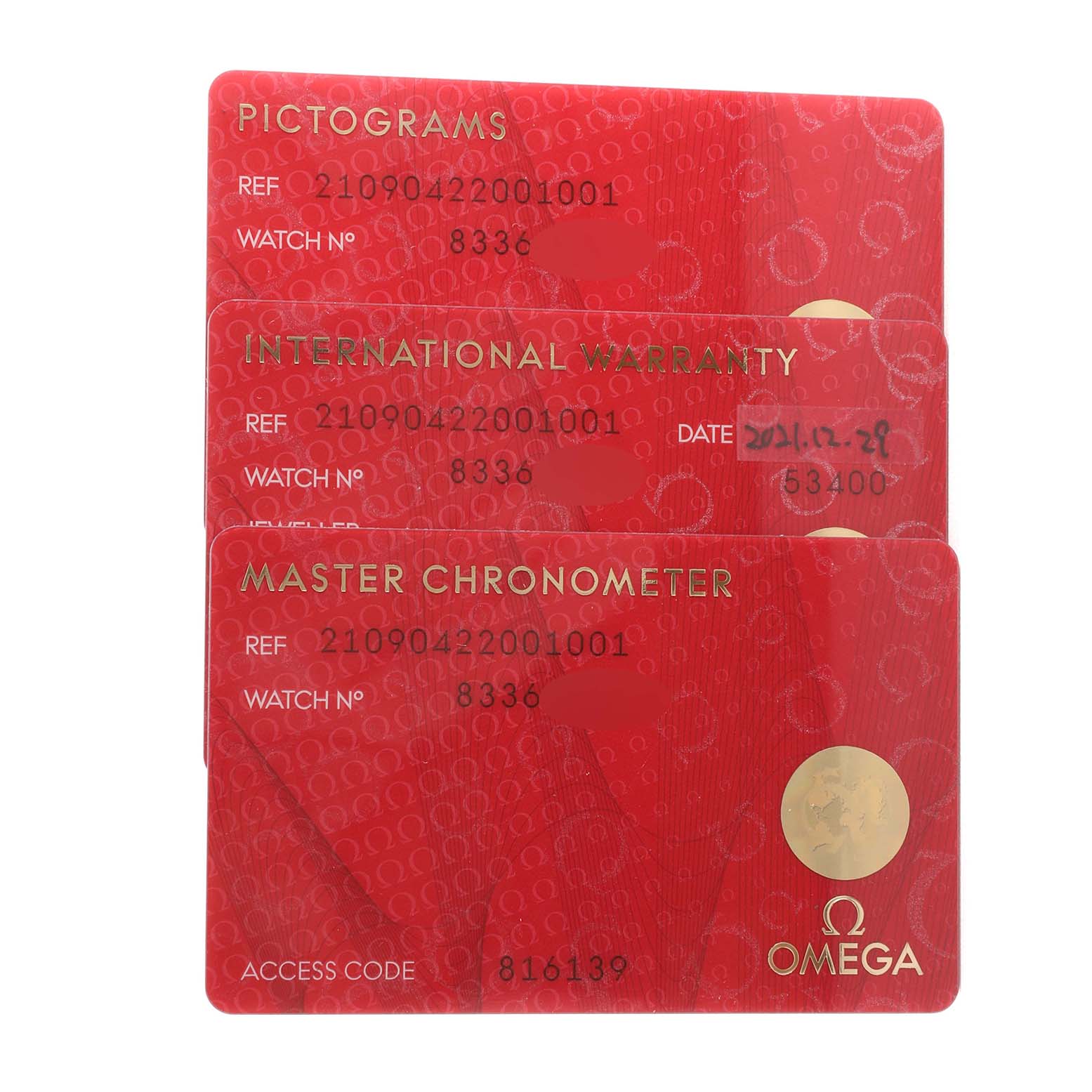 The image shows three red cards with Pictograms, International Warranty, and Master Chronometer details for an Omega Seamaster 210.90.42.20.01.001 Men's Titanium Brown Dial 210.90.42.20.01.001 Men's Titanium Brown Dial watch.