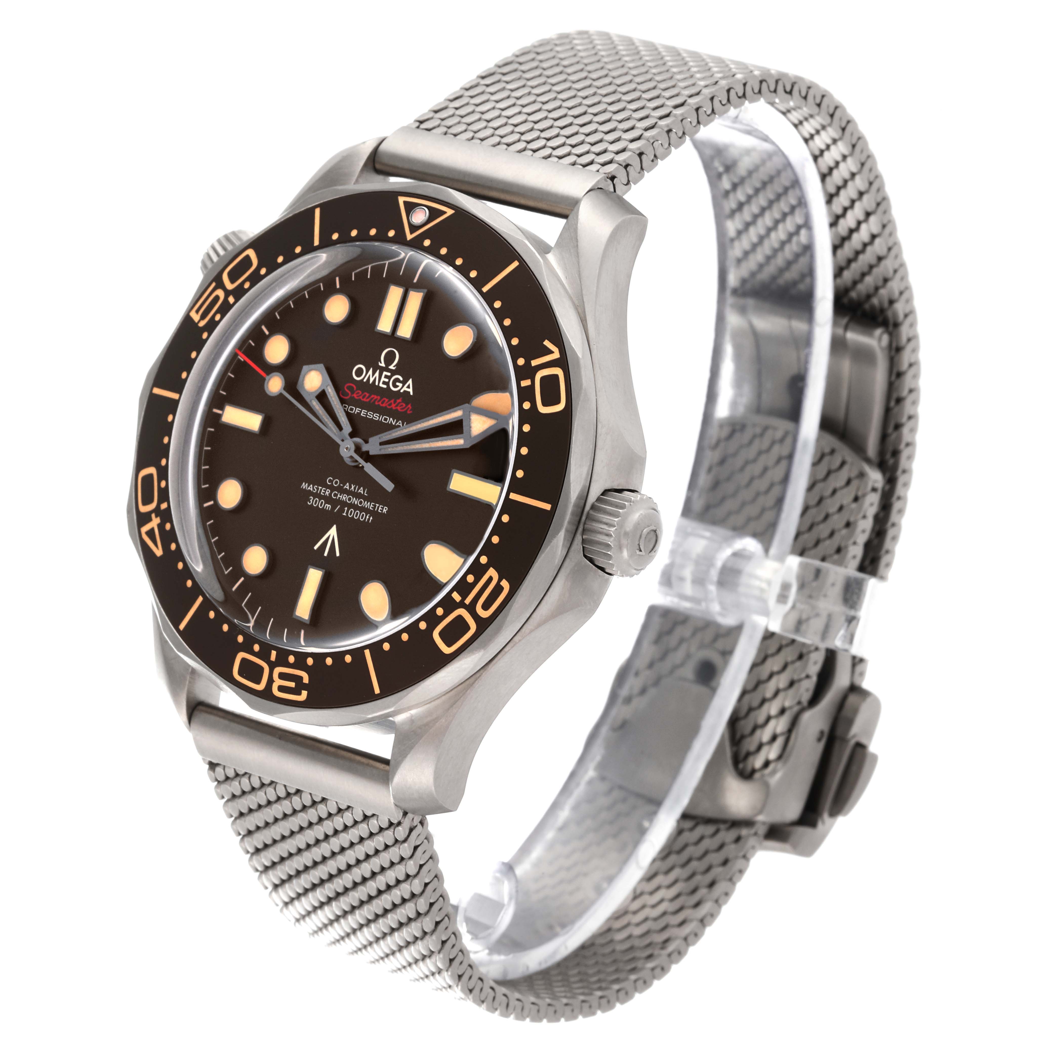 The Omega Seamaster 210.90.42.20.01.001 Men's Titanium Brown Dial 210.90.42.20.01.001 Men's Titanium Brown Dial watch is shown at a three-quarter angle, highlighting the face, bezel, and mesh strap.