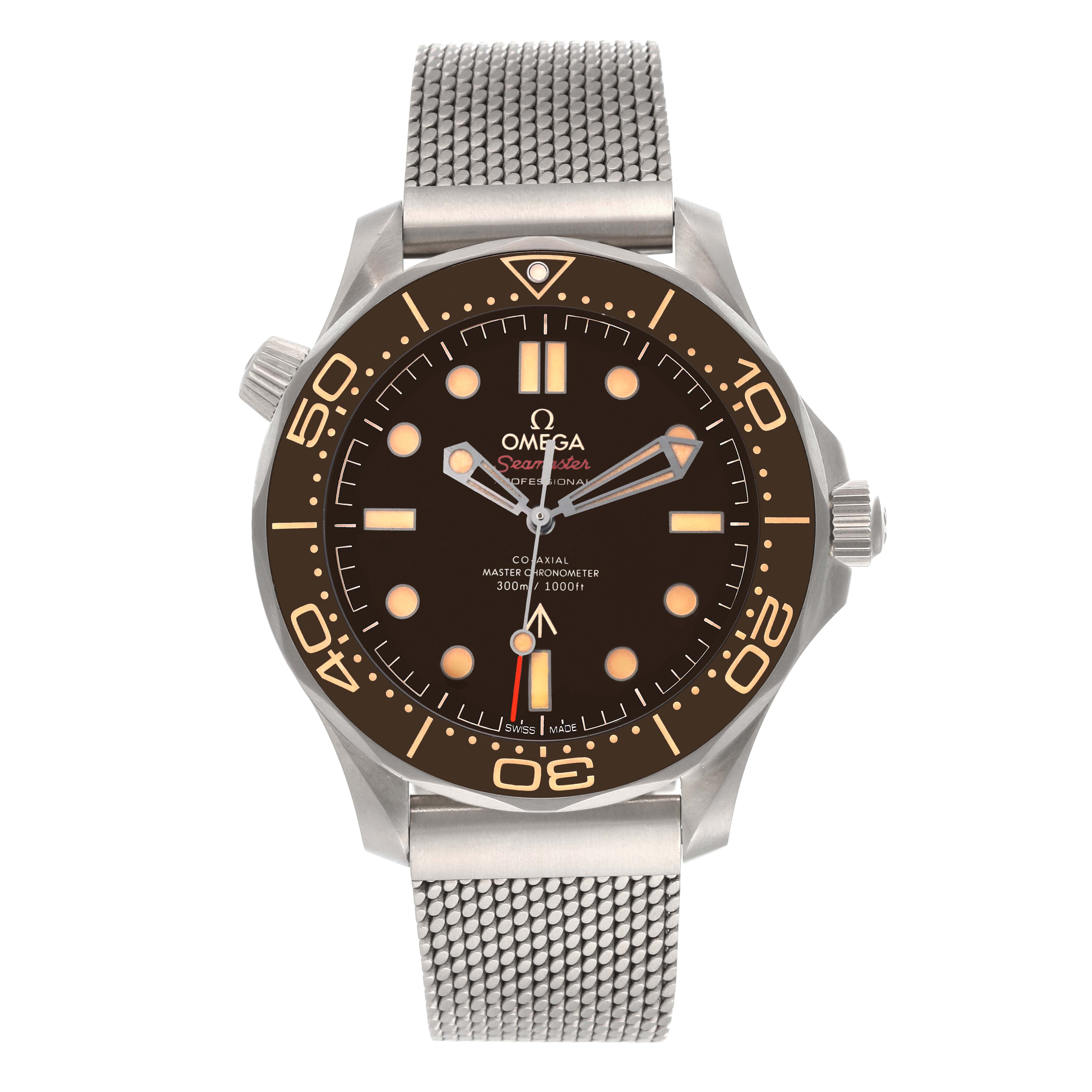 The Omega Seamaster 210.90.42.20.01.001 Men's Titanium Brown Dial 210.90.42.20.01.001 Men's Titanium Brown Dial watch is shown from the front, displaying the dial, hands, bezel, crown, and metal mesh strap.