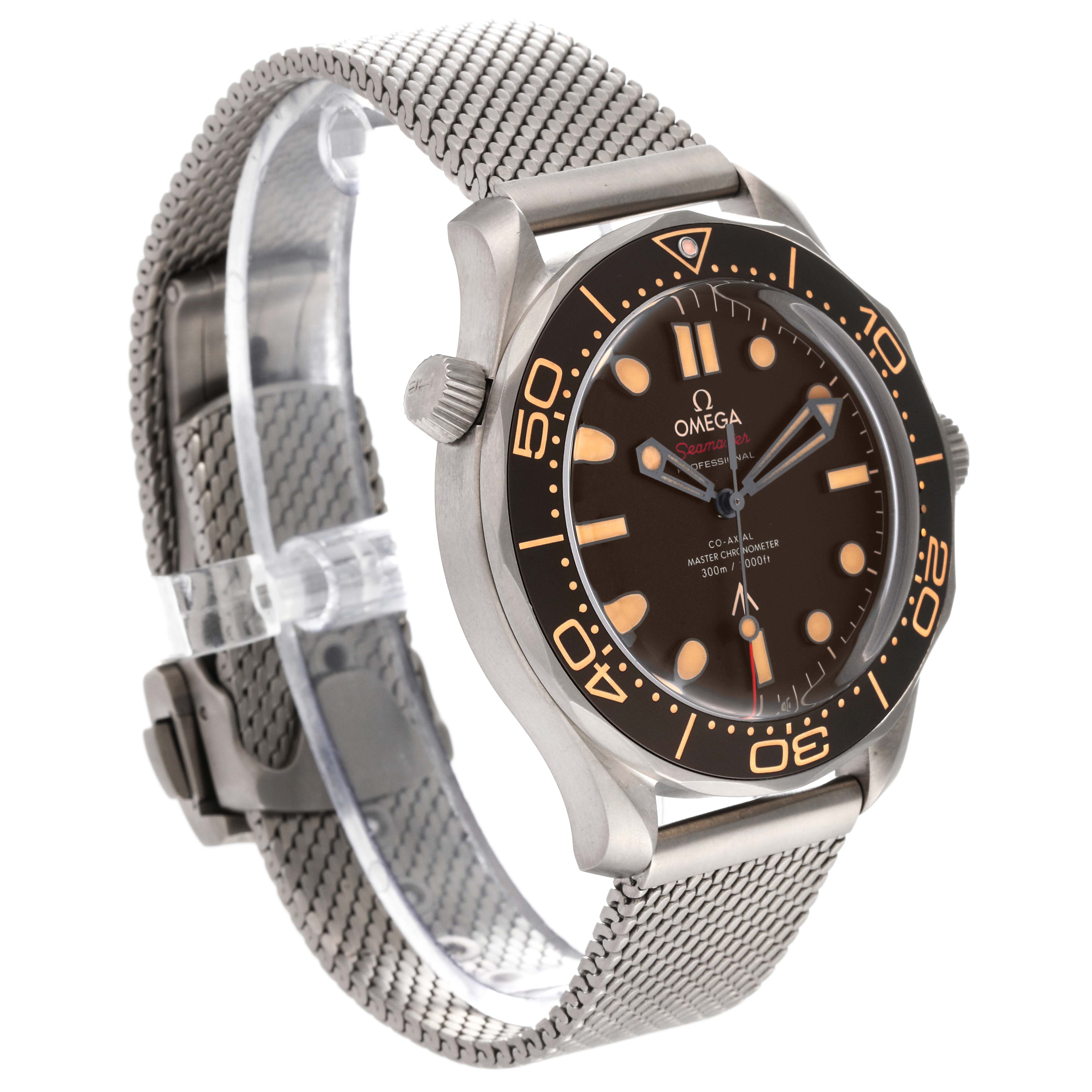 The image shows an Omega Seamaster 210.90.42.20.01.001 Men's Titanium Brown Dial 210.90.42.20.01.001 Men's Titanium Brown Dial watch at an angle highlighting its face, bezel, crown, and mesh bracelet.