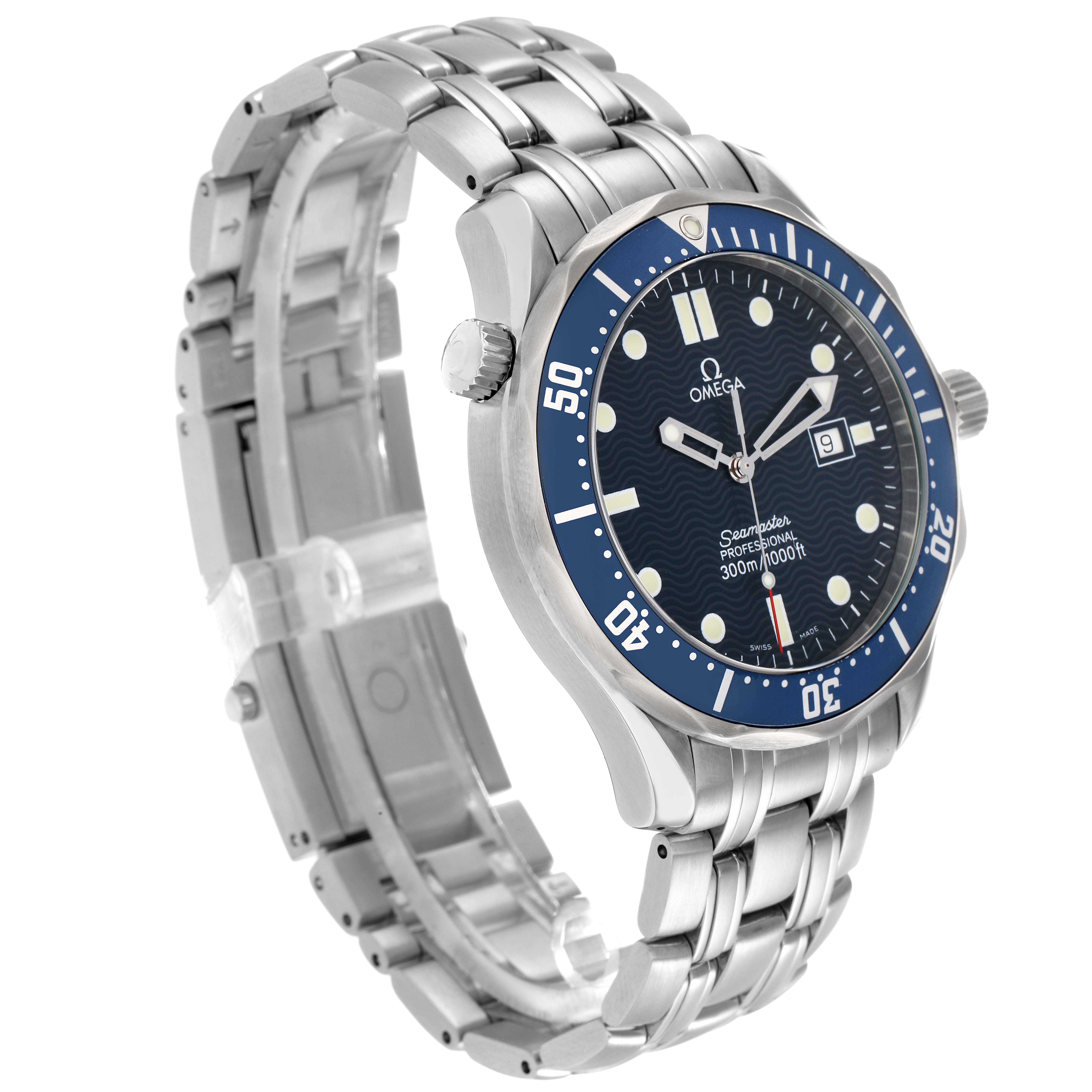 The Omega Seamaster 2541.80.00 Men
s Stainless Steel Blue Dial watch is shown at an angled view, displaying its face, bezel, crown, and part of the bracelet.
