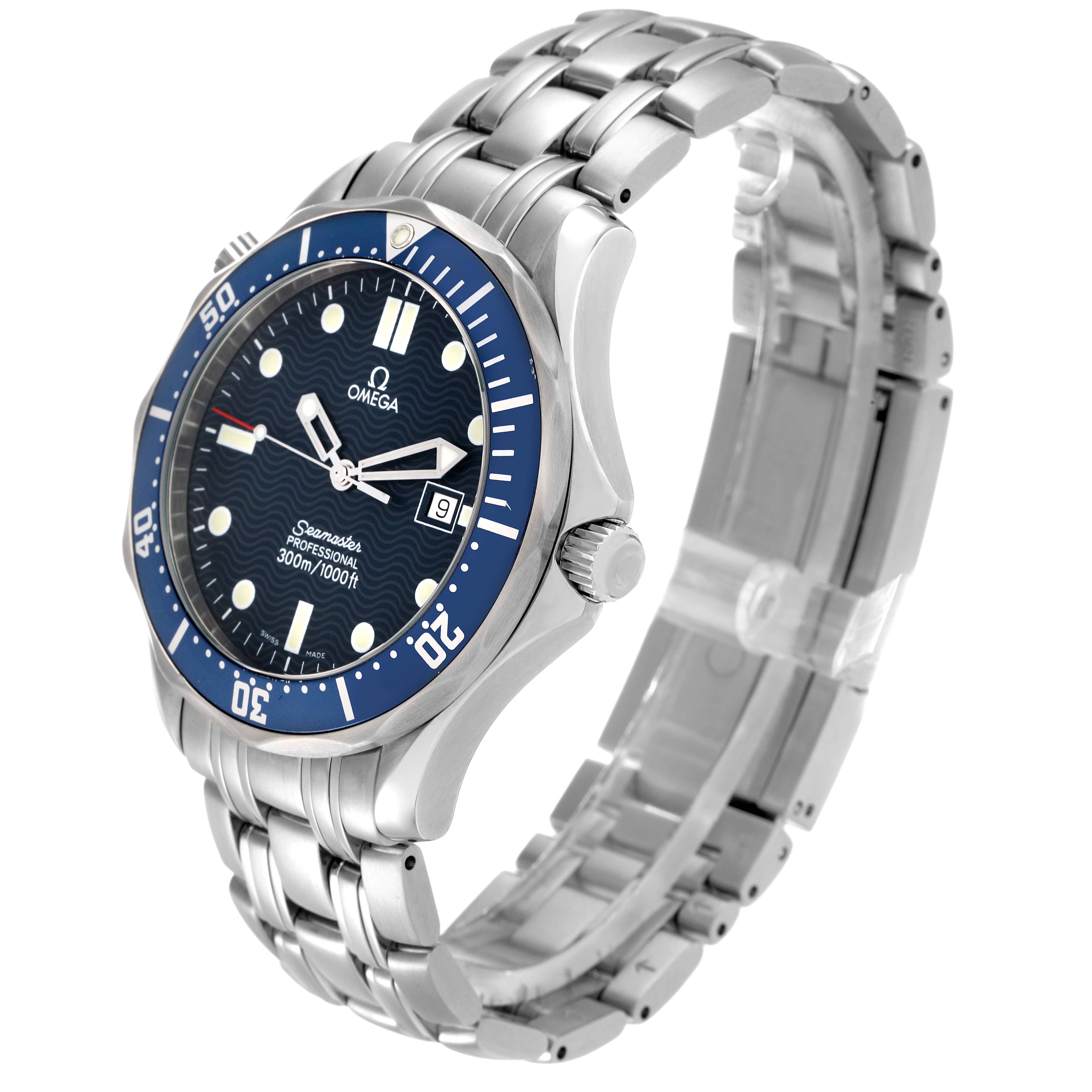 The Omega Seamaster 2541.80.00 Men
s Stainless Steel Blue Dial watch is shown at an angled side view, highlighting the case, bezel, dial, crown, and bracelet.