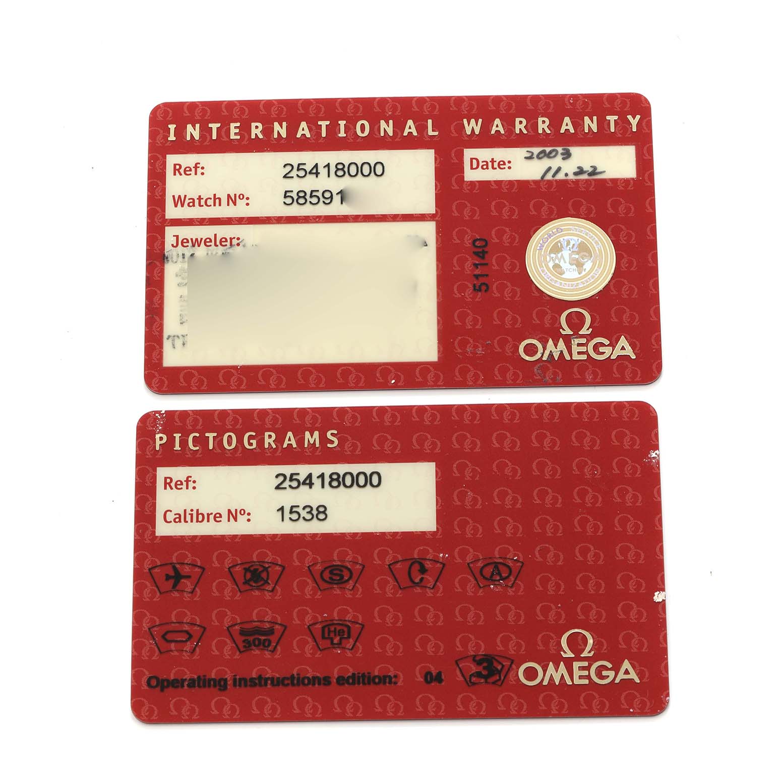 The image shows the warranty and pictogram cards for the Omega Seamaster 2541.80.00 Men
s Stainless Steel Blue Dial watch model.