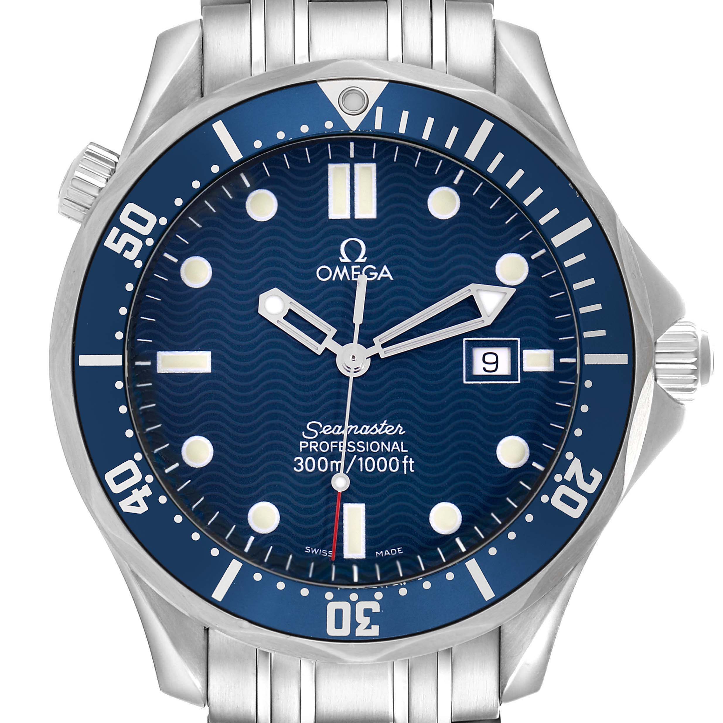 The Omega Seamaster 2541.80.00 Men
s Stainless Steel Blue Dial watch is shown from a front angle, displaying the full dial, hands, bezel, and date window.