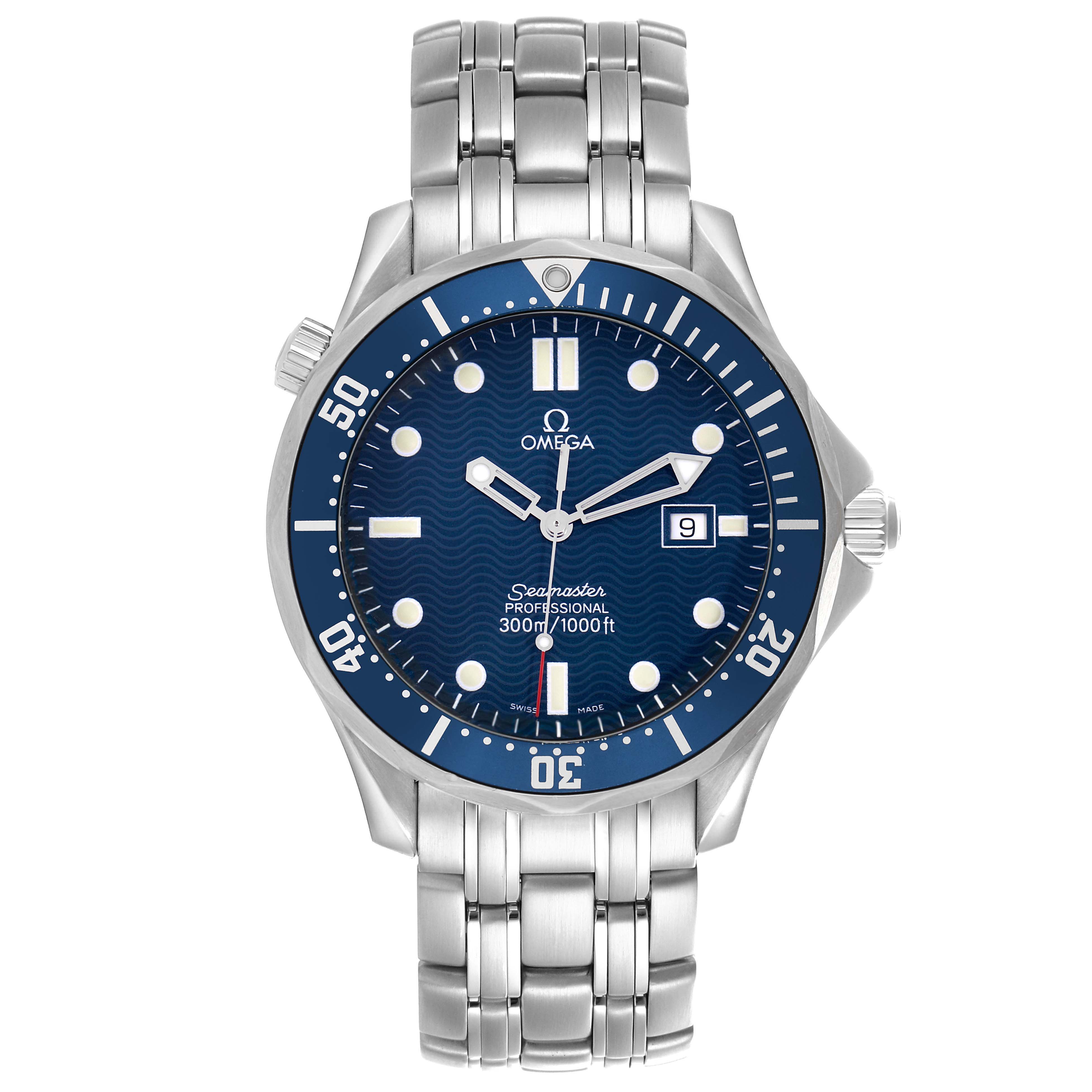 The Omega Seamaster 2541.80.00 Men
s Stainless Steel Blue Dial watch is shown from the front, displaying the dial, bezel, and bracelet.