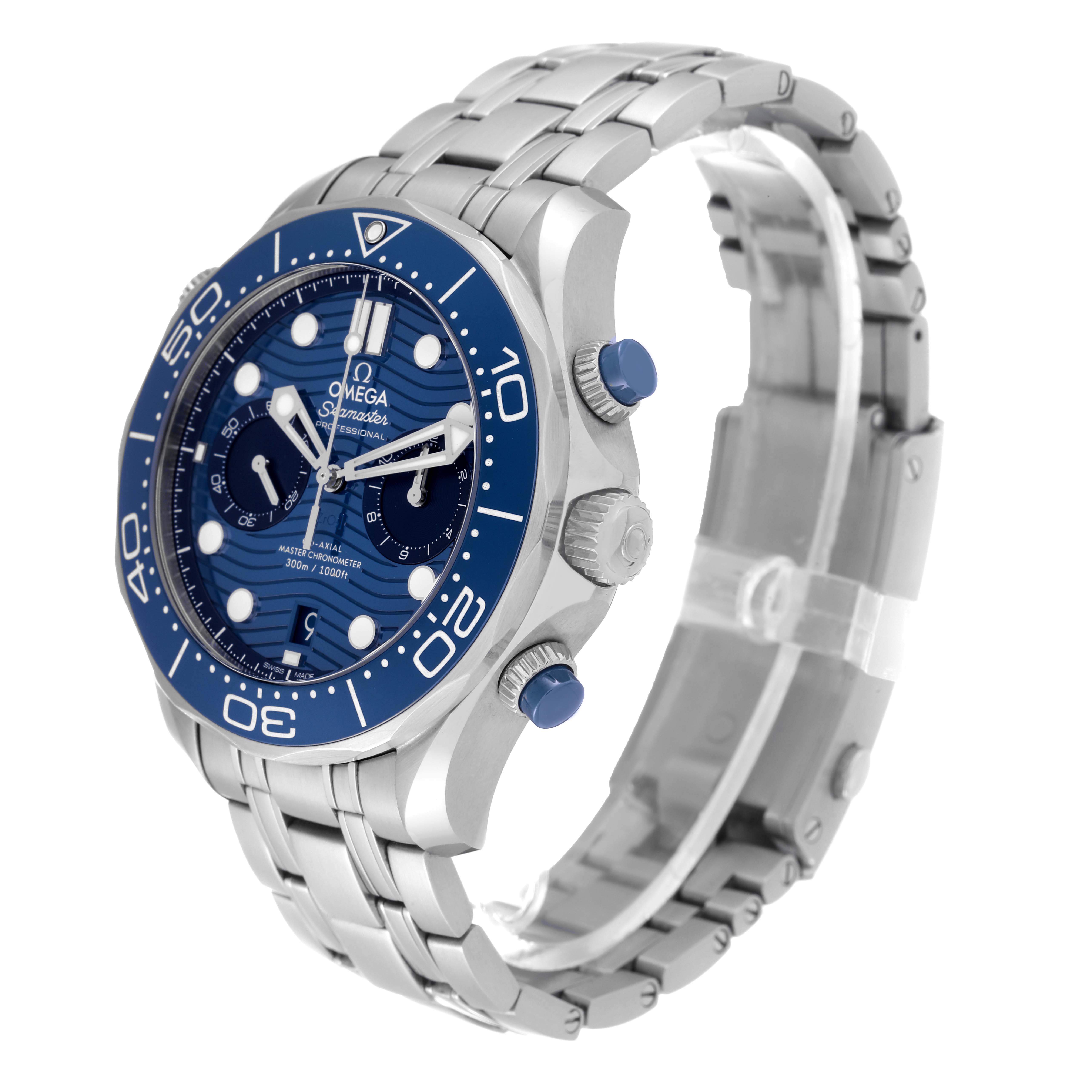 The image shows an Omega Seamaster 210.30.44.51.06.001 Men
s Stainless Steel Blue Dial 210.30.44.51.06.001 Men
s Stainless Steel Blue Dial watch at a slight angle, highlighting its blue dial, bezel, and stainless steel bracelet.