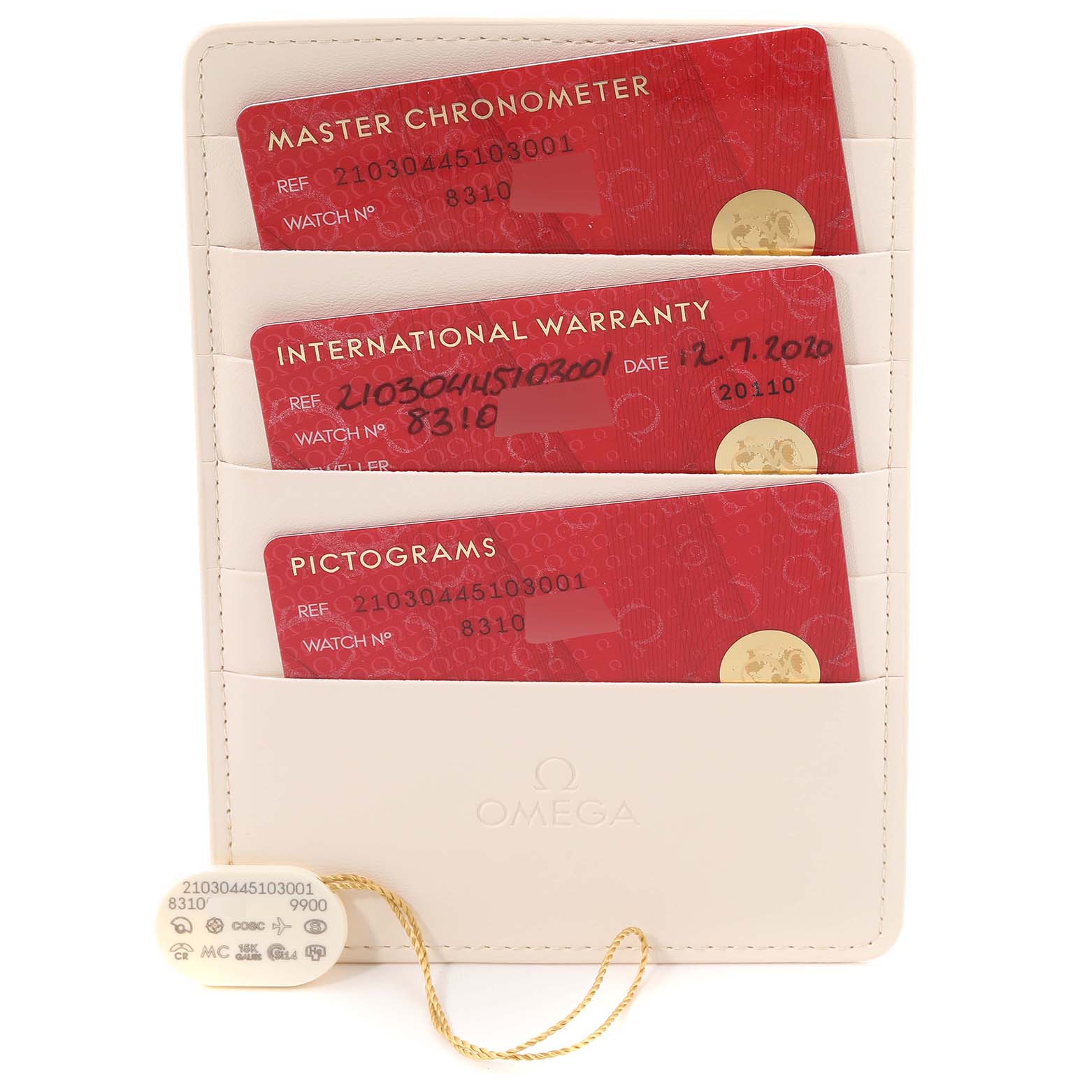 The image shows a set of cards and a tag for an Omega Seamaster 210.30.44.51.06.001 Men
s Stainless Steel Blue Dial 210.30.44.51.06.001 Men
s Stainless Steel Blue Dial watch, including Master Chronometer, International Warranty, and Pictograms cards.