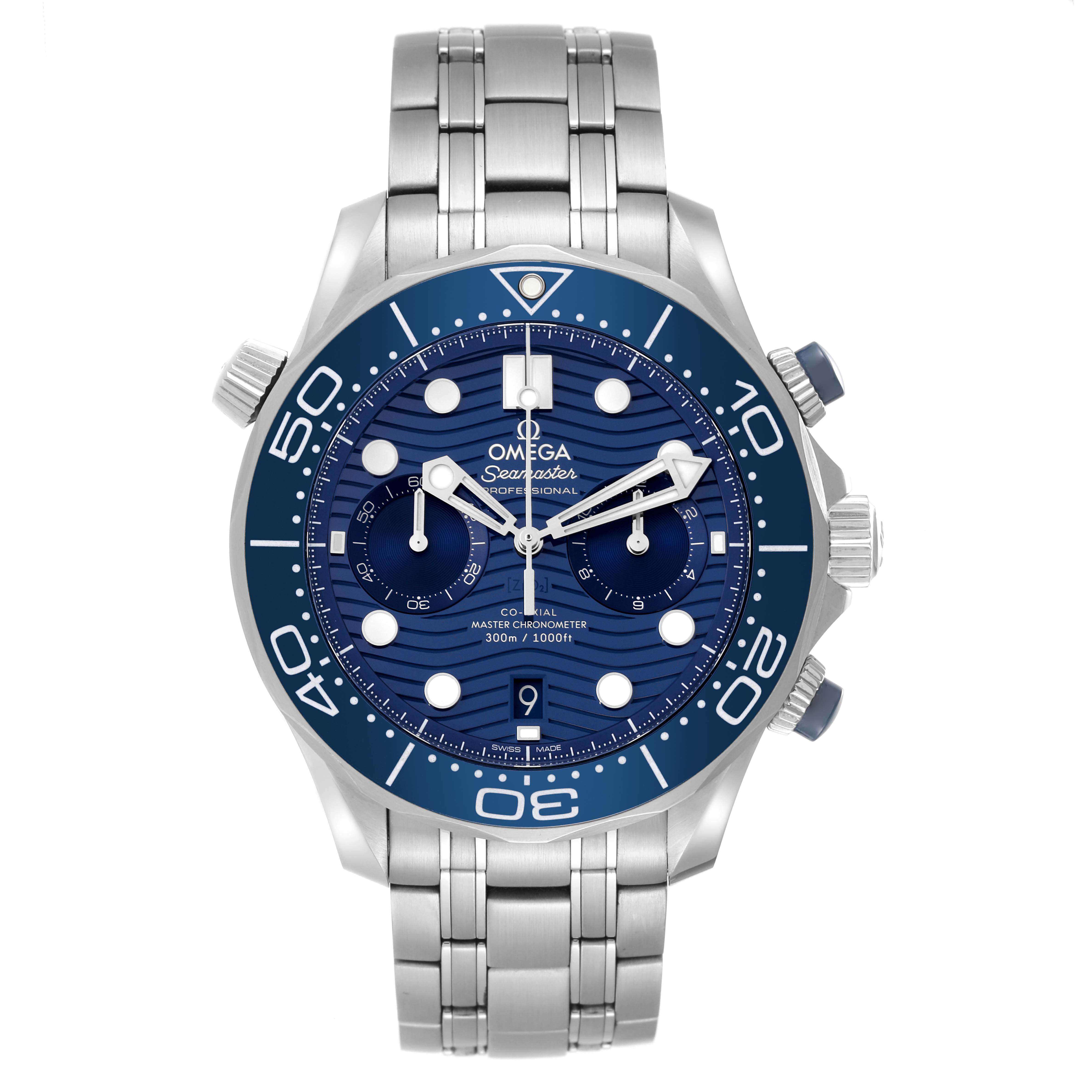 This image shows a front view of an Omega Seamaster 210.30.44.51.06.001 Men
s Stainless Steel Blue Dial 210.30.44.51.06.001 Men
s Stainless Steel Blue Dial watch, highlighting its blue dial, bezel, and metal bracelet.