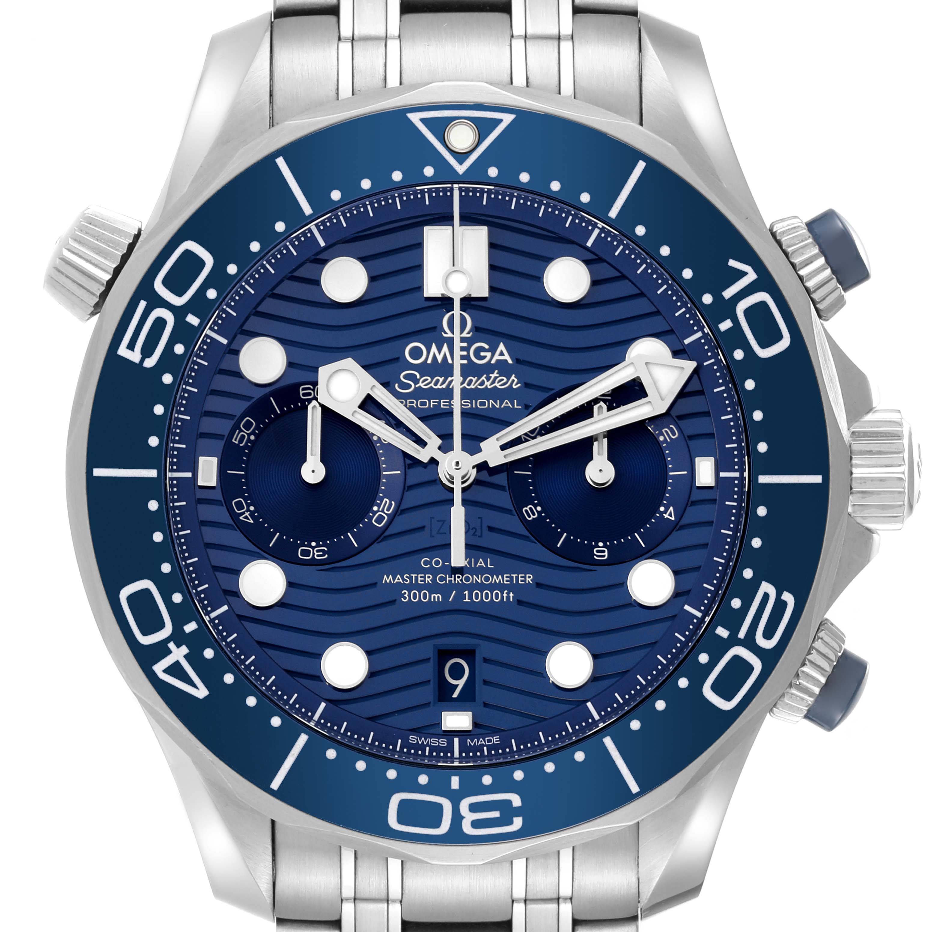 The Omega Seamaster 210.30.44.51.06.001 Men
s Stainless Steel Blue Dial 210.30.44.51.06.001 Men
s Stainless Steel Blue Dial model is shown from the front, highlighting its blue dial, bezel, and stainless-steel bracelet.