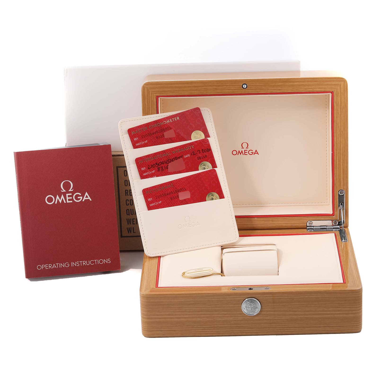 The image shows an Omega Seamaster 210.30.44.51.06.001 Men
s Stainless Steel Blue Dial 210.30.44.51.06.001 Men
s Stainless Steel Blue Dial watch
s wooden box, warranty cards, and operating instructions.