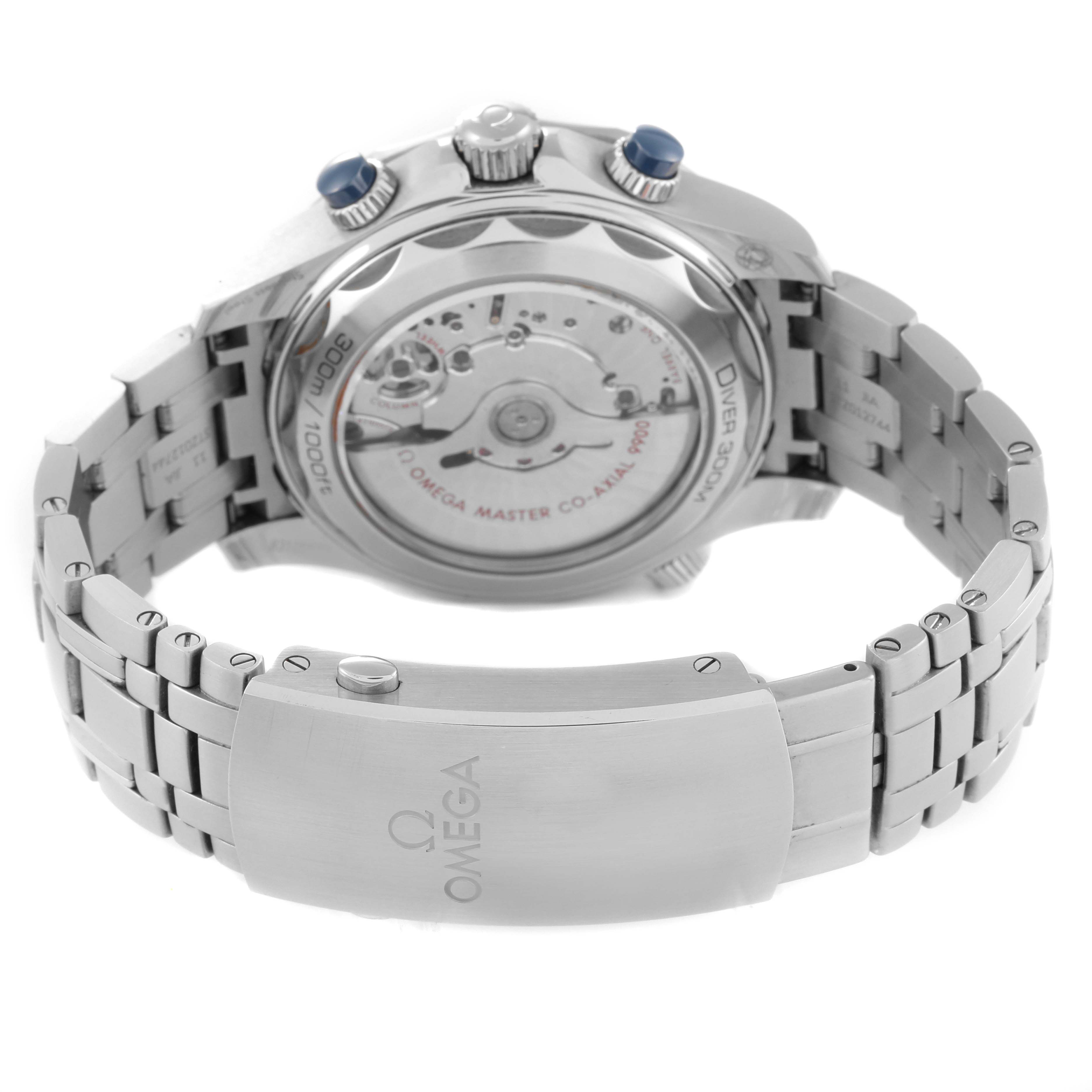 The image shows the back and clasp of the Omega Seamaster 210.30.44.51.06.001 Men
s Stainless Steel Blue Dial 210.30.44.51.06.001 Men
s Stainless Steel Blue Dial watch, highlighting the transparent case back and stainless steel bracelet.