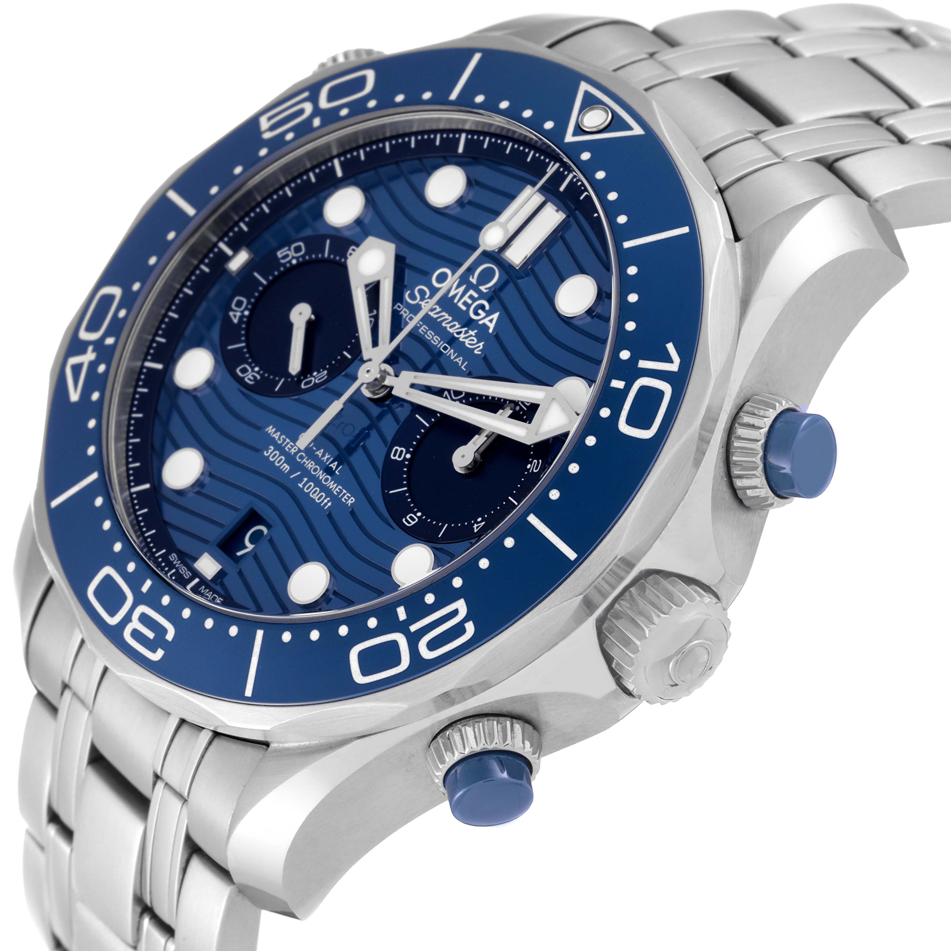 The Omega Seamaster 210.30.44.51.06.001 Men
s Stainless Steel Blue Dial 210.30.44.51.06.001 Men
s Stainless Steel Blue Dial watch is shown at a slight angle, highlighting the face, bezel, and part of the metal bracelet.