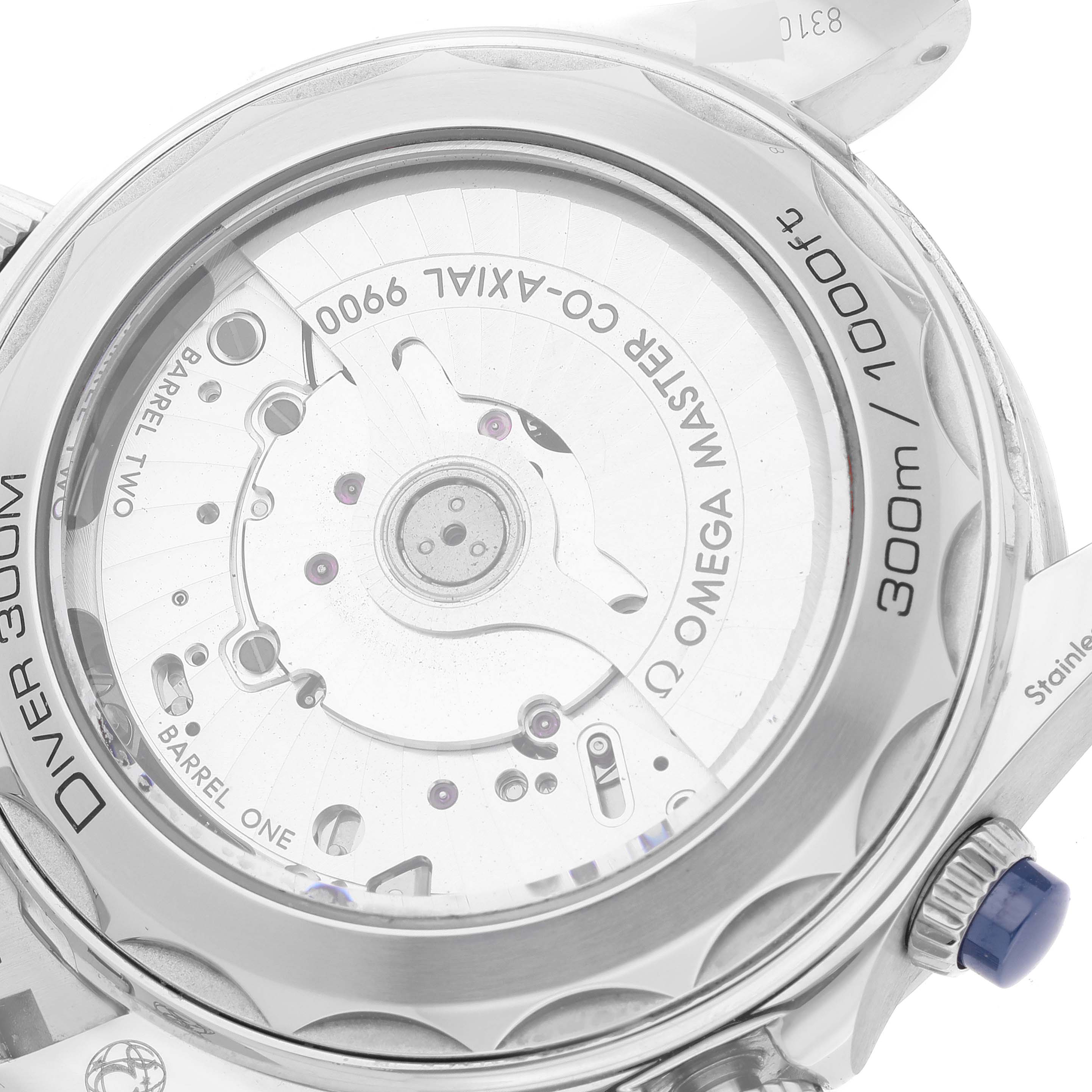 This image shows the back view of an Omega Seamaster 210.30.44.51.06.001 Men
s Stainless Steel Blue Dial 210.30.44.51.06.001 Men
s Stainless Steel Blue Dial watch, revealing the CO-AXIAL MASTER 9900 movement.