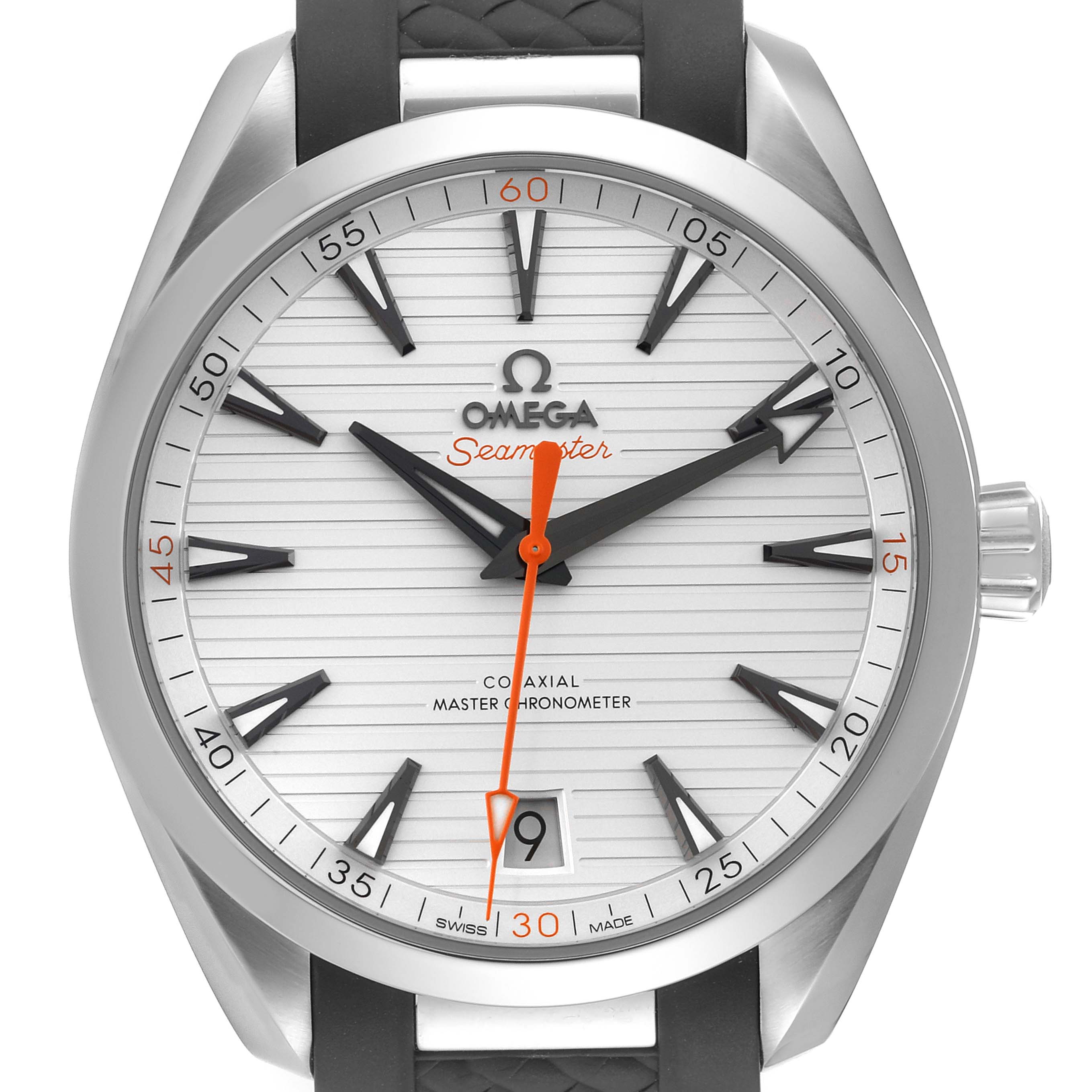 The Omega Aqua Terra 220.12.41.21.02.002 Men
s Stainless Steel Silver Dial 220.12.41.21.02.002 Men
s Stainless Steel Silver Dial watch is shown from a front angle, displaying the face, hands, and partially the strap.