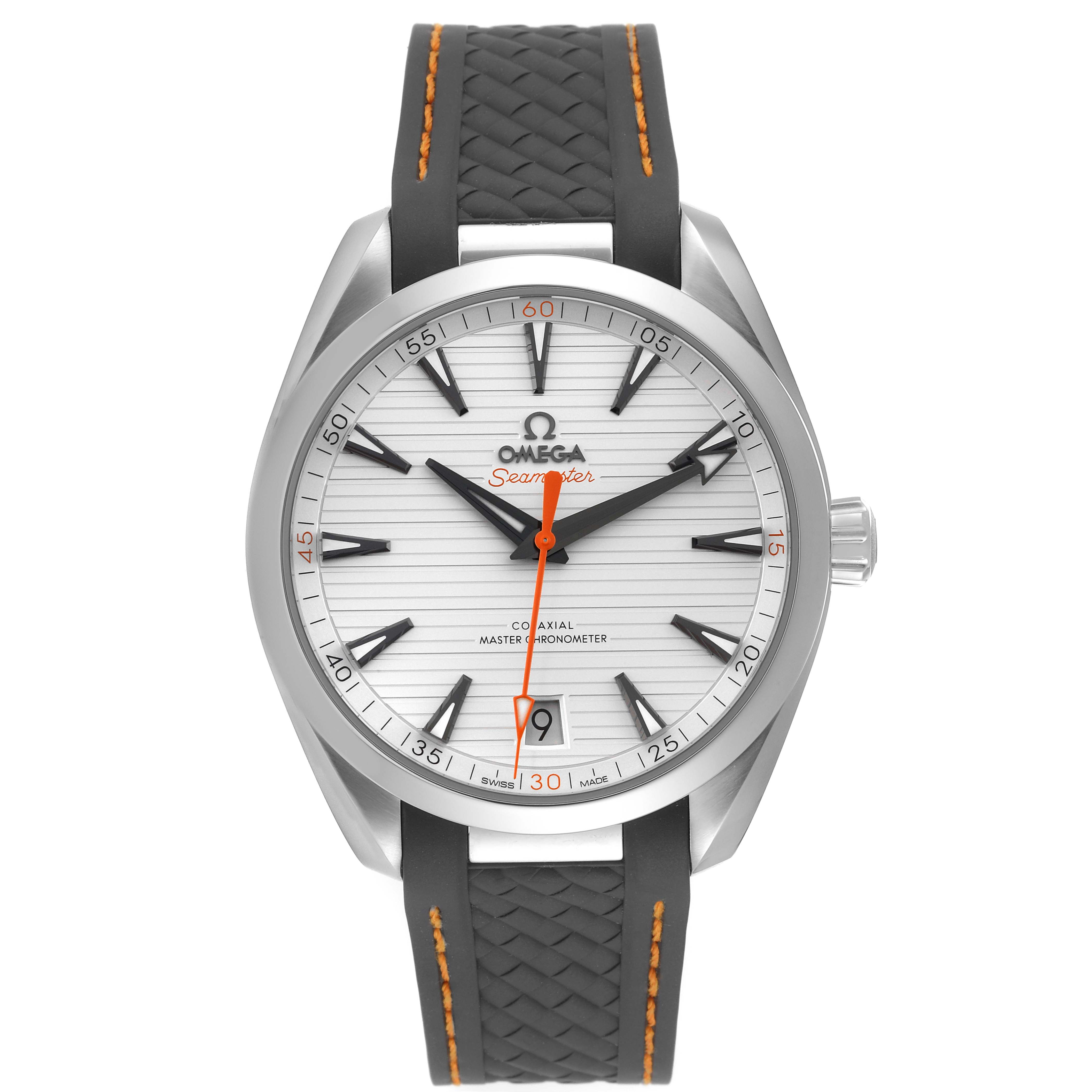 This image shows the front view of the Omega Seamaster Aqua Terra watch, displaying the face, hands, and strap.
