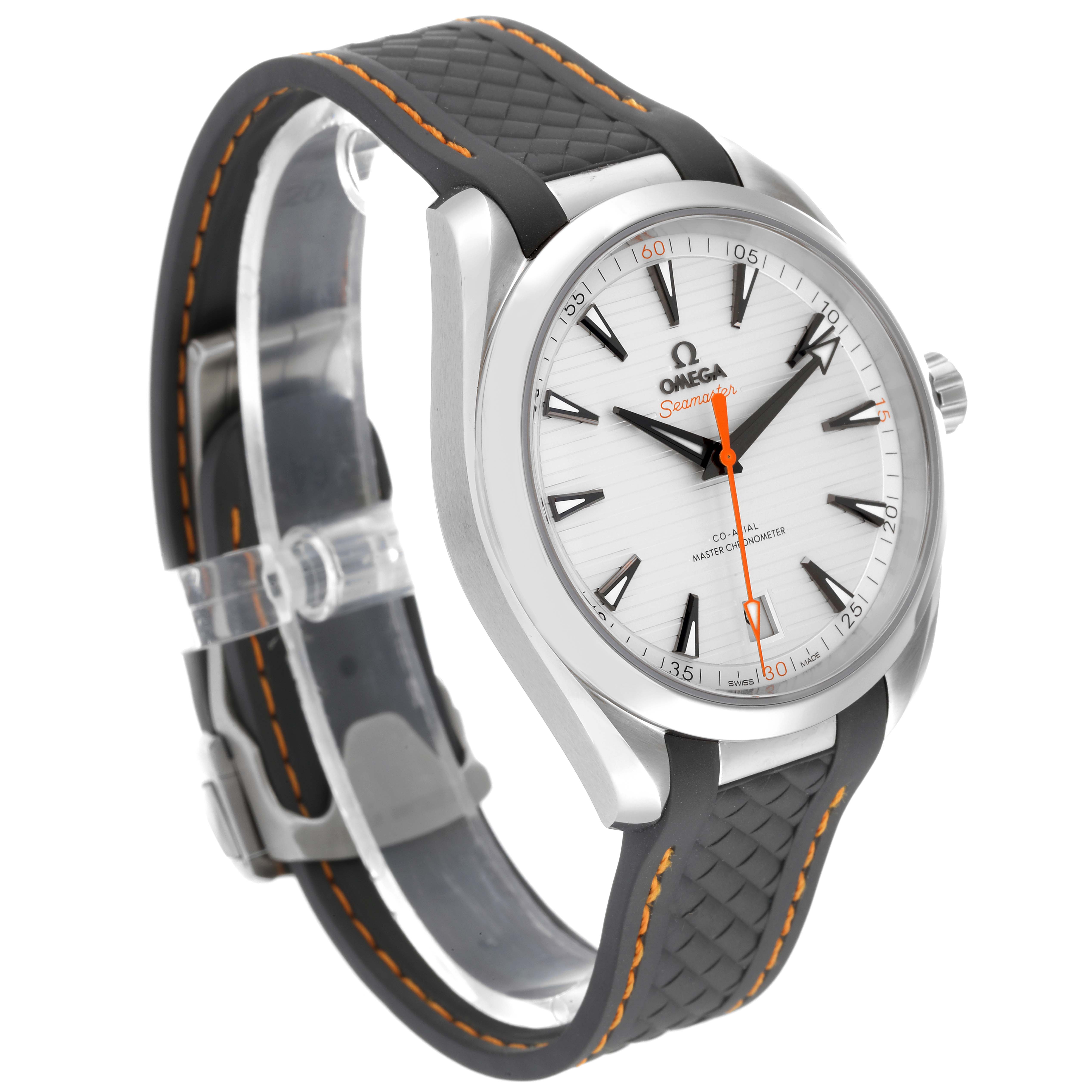 The image shows the Omega Aqua Terra 220.12.41.21.02.002 Men
s Stainless Steel Silver Dial 220.12.41.21.02.002 Men
s Stainless Steel Silver Dial watch at an angled side view, highlighting the dial, case, and strap with colored stitching.