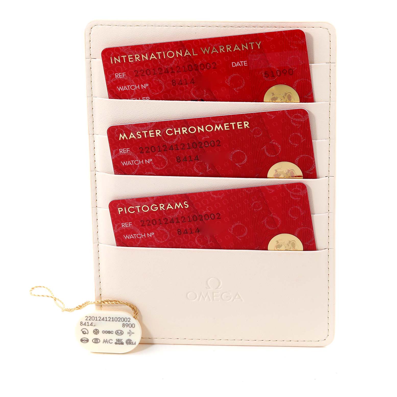 The image shows the warranty cards and tag for the Aqua Terra model by Omega.