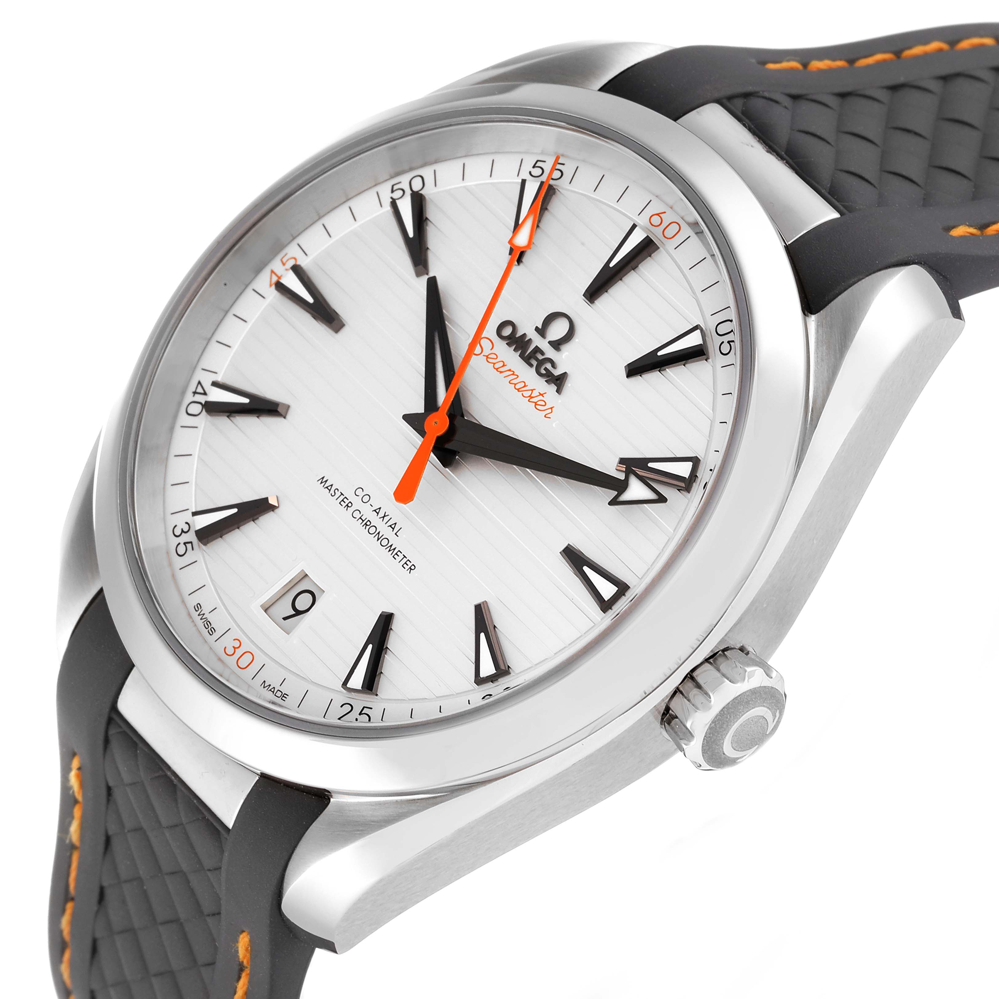 The Omega Aqua Terra 220.12.41.21.02.002 Men
s Stainless Steel Silver Dial 220.12.41.21.02.002 Men
s Stainless Steel Silver Dial watch is shown at a slight angle, highlighting its face, bezel, and part of its strap.