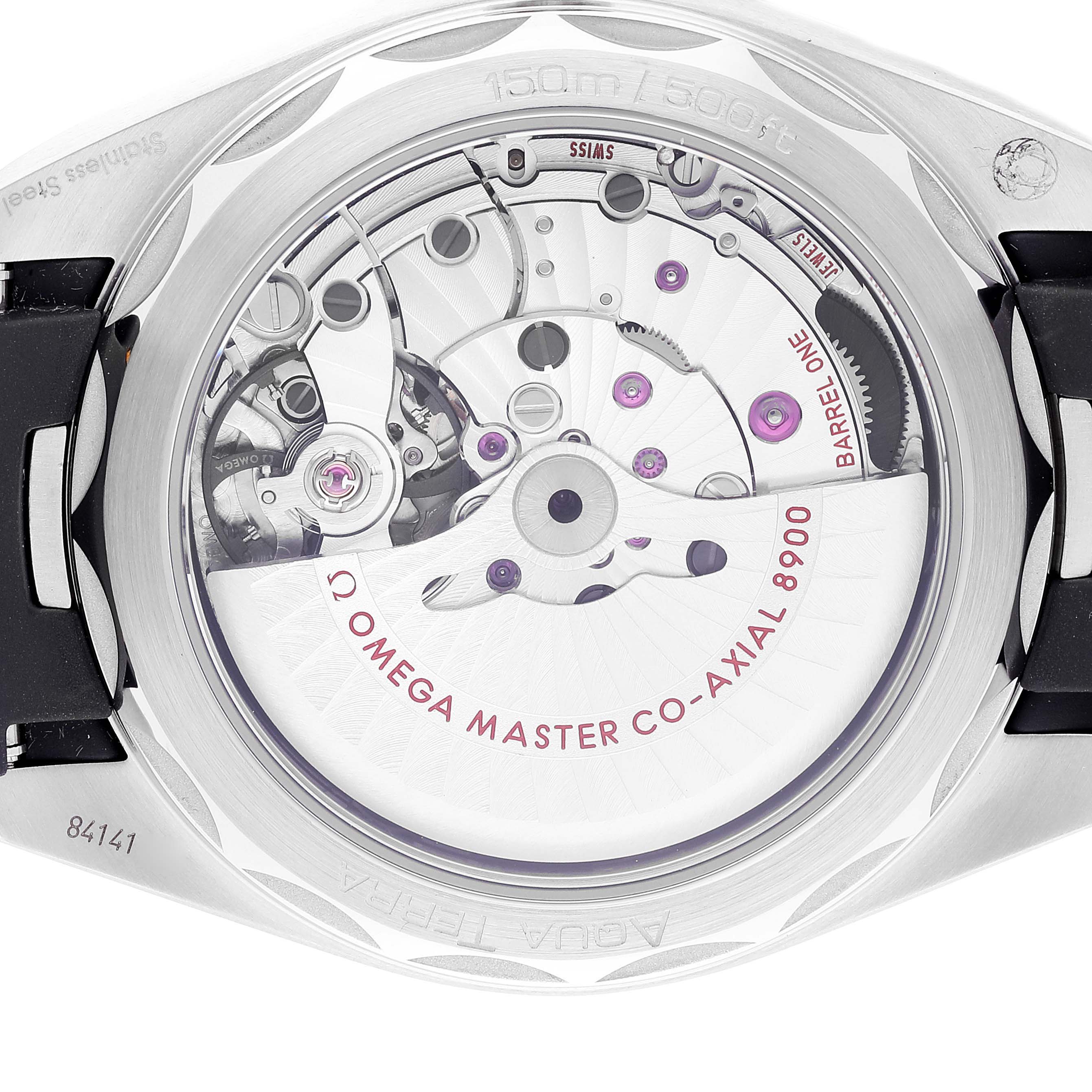 The image shows the back view of the Omega Aqua Terra 220.12.41.21.02.002 Men
s Stainless Steel Silver Dial 220.12.41.21.02.002 Men
s Stainless Steel Silver Dial watch, highlighting the Omega Master Co-Axial 8900 movement.
