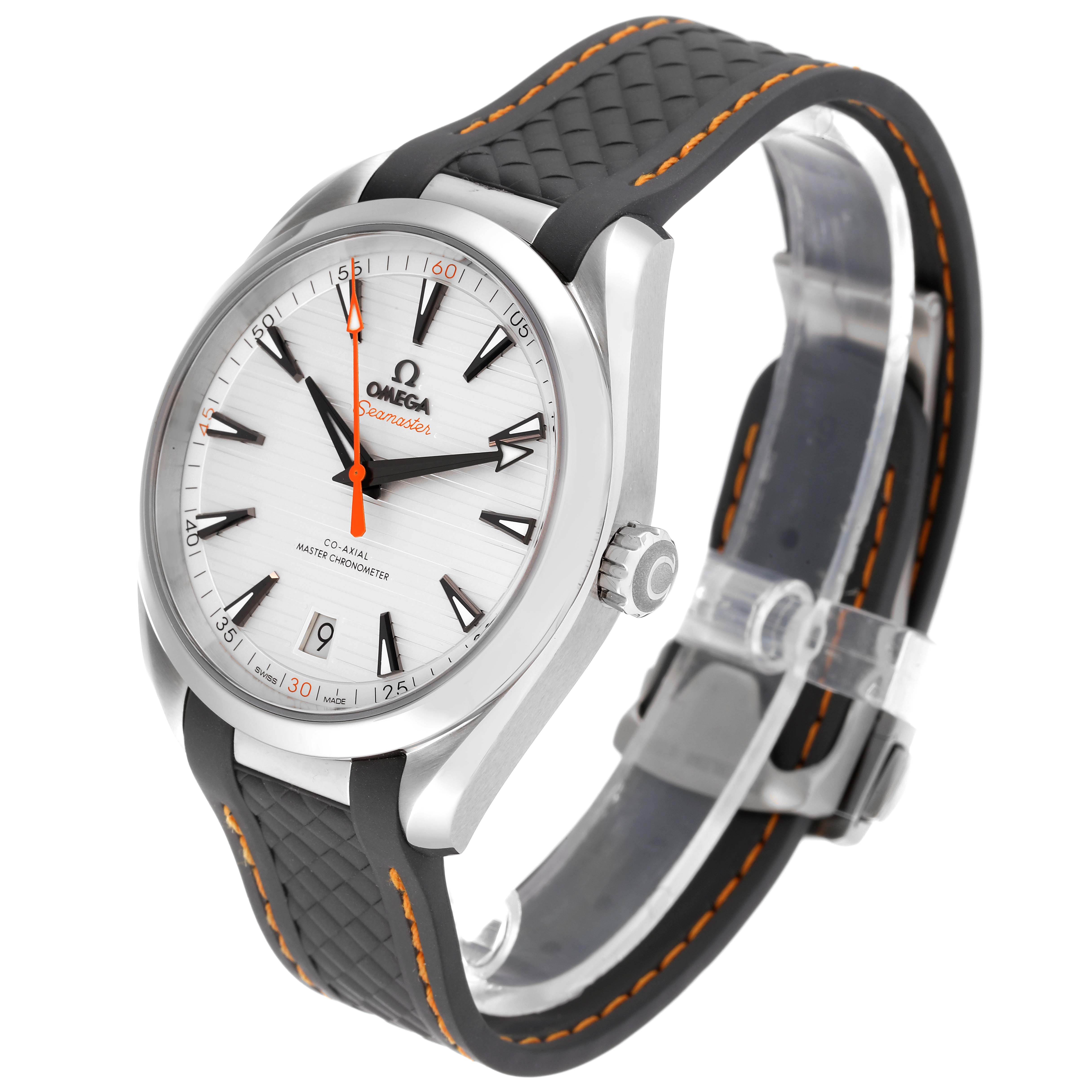 The Omega Aqua Terra 220.12.41.21.02.002 Men
s Stainless Steel Silver Dial 220.12.41.21.02.002 Men
s Stainless Steel Silver Dial watch is shown at a three-quarter angle, displaying the face, crown, and part of the rubber strap.