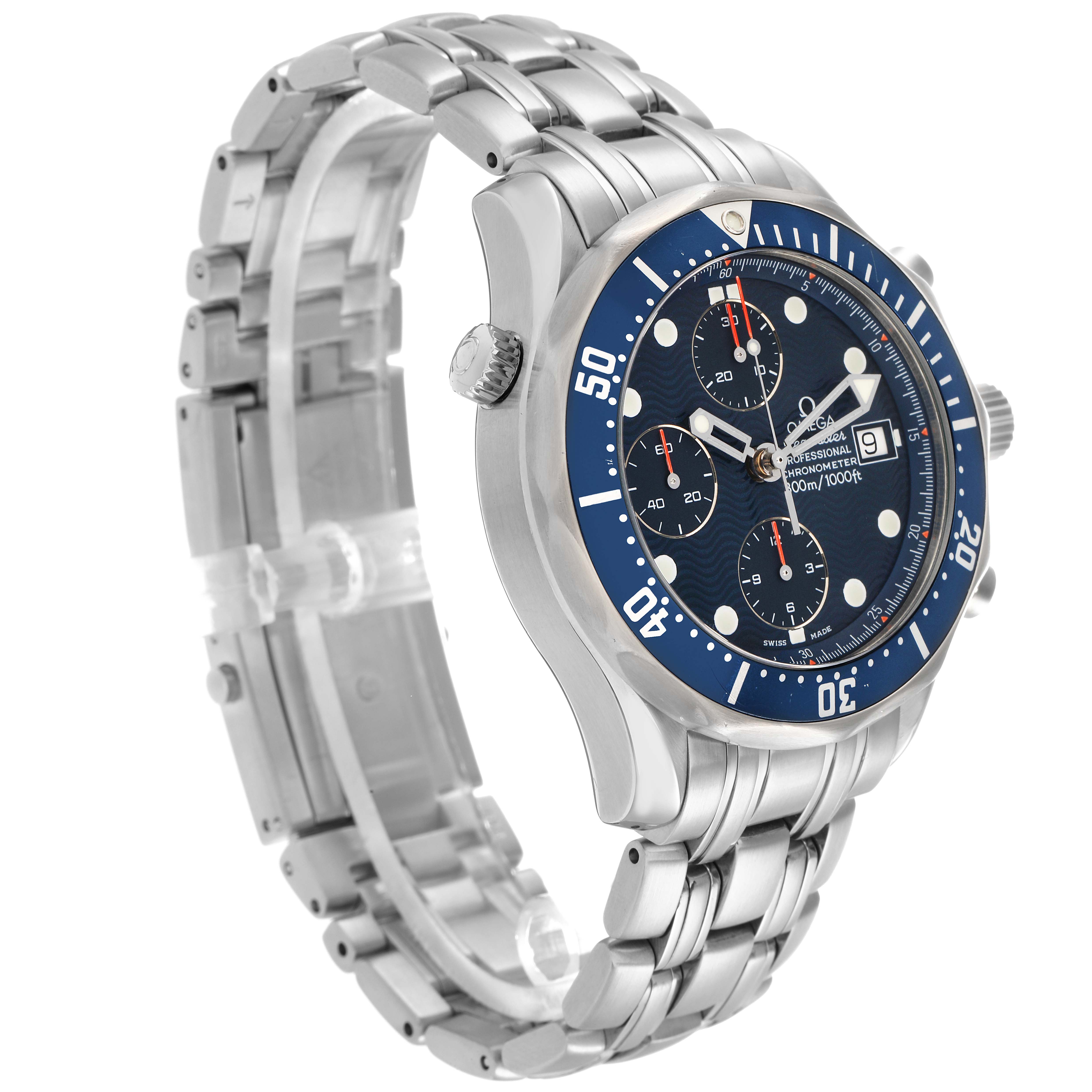 The Omega Seamaster 2599.80.00 Men
s Stainless Steel Blue Dial watch is shown from a three-quarter angle, displaying the face, bezel, crown, and stainless steel bracelet.