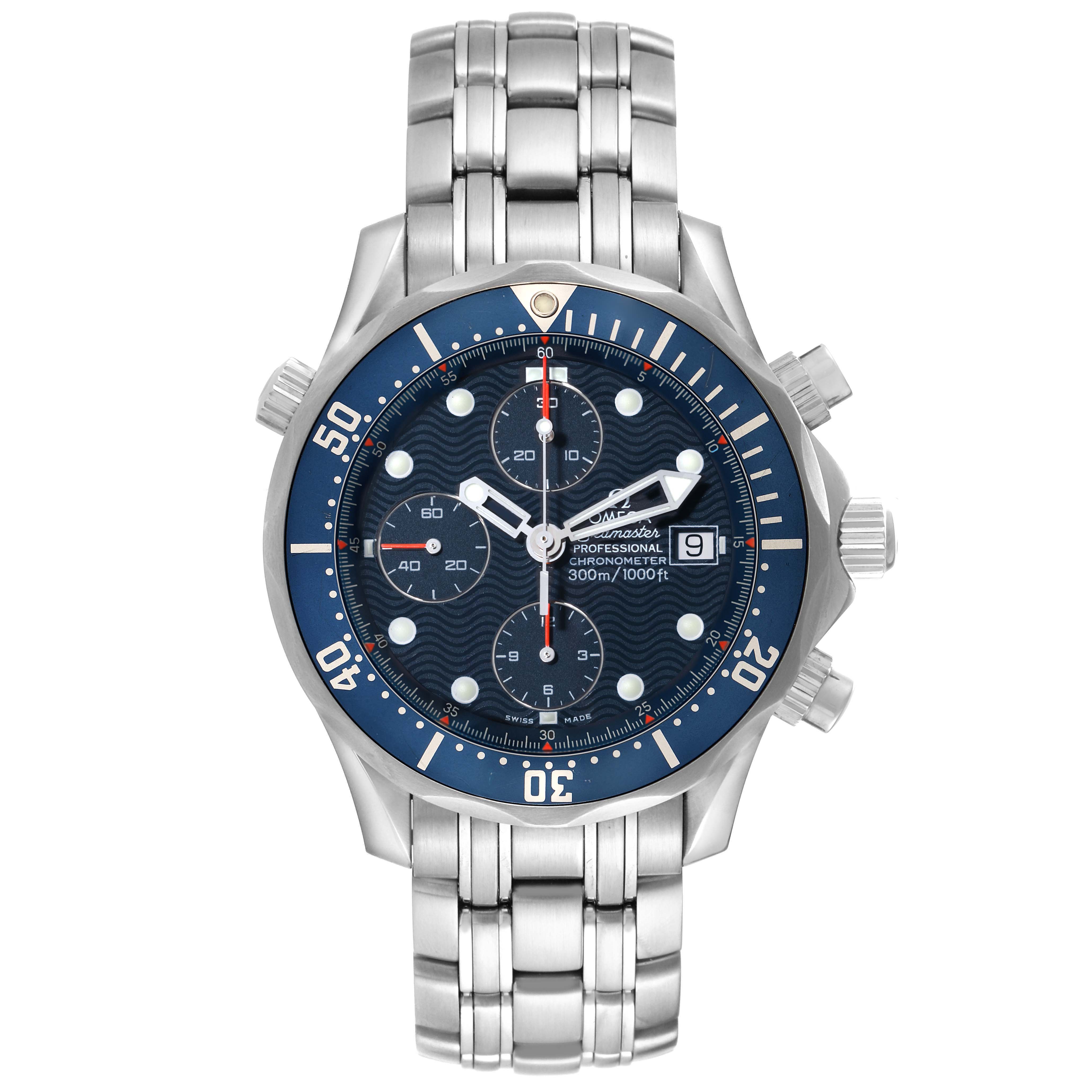 The Omega Seamaster 2599.80.00 Men
s Stainless Steel Blue Dial watch is shown from the front, displaying the face, bezel, and part of the metal bracelet.