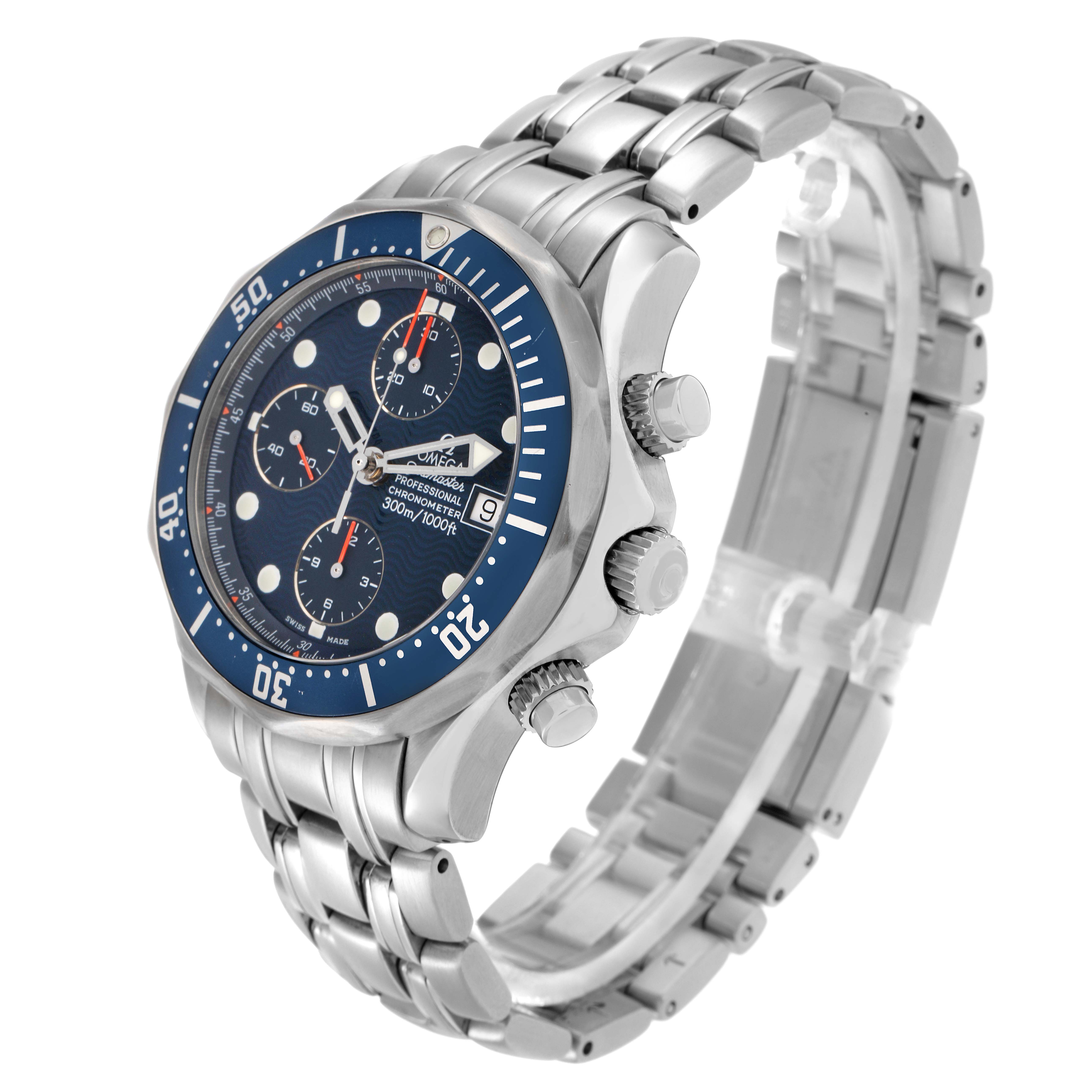 The Omega Seamaster 2599.80.00 Men
s Stainless Steel Blue Dial watch is shown at a three-quarter angle, highlighting the dial, bezel, crown, and bracelet.