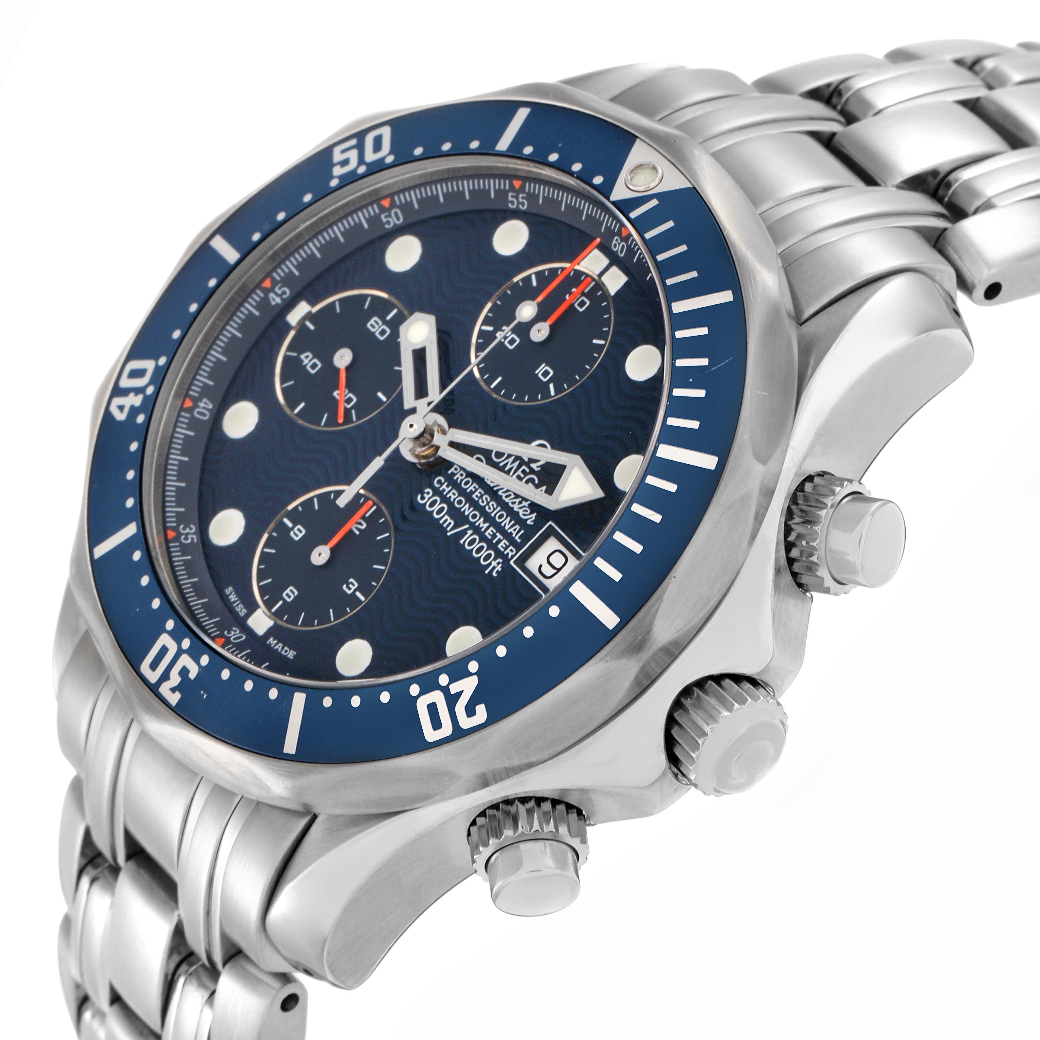 The Omega Seamaster 2599.80.00 Men
s Stainless Steel Blue Dial is shown at a three-quarter angle, displaying the dial, bezel, crown, and part of the bracelet.